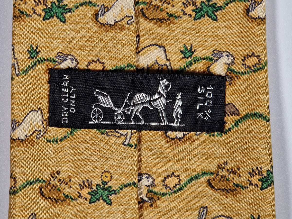 007699 Hermès tie yellow rabbit pattern 7699 OA