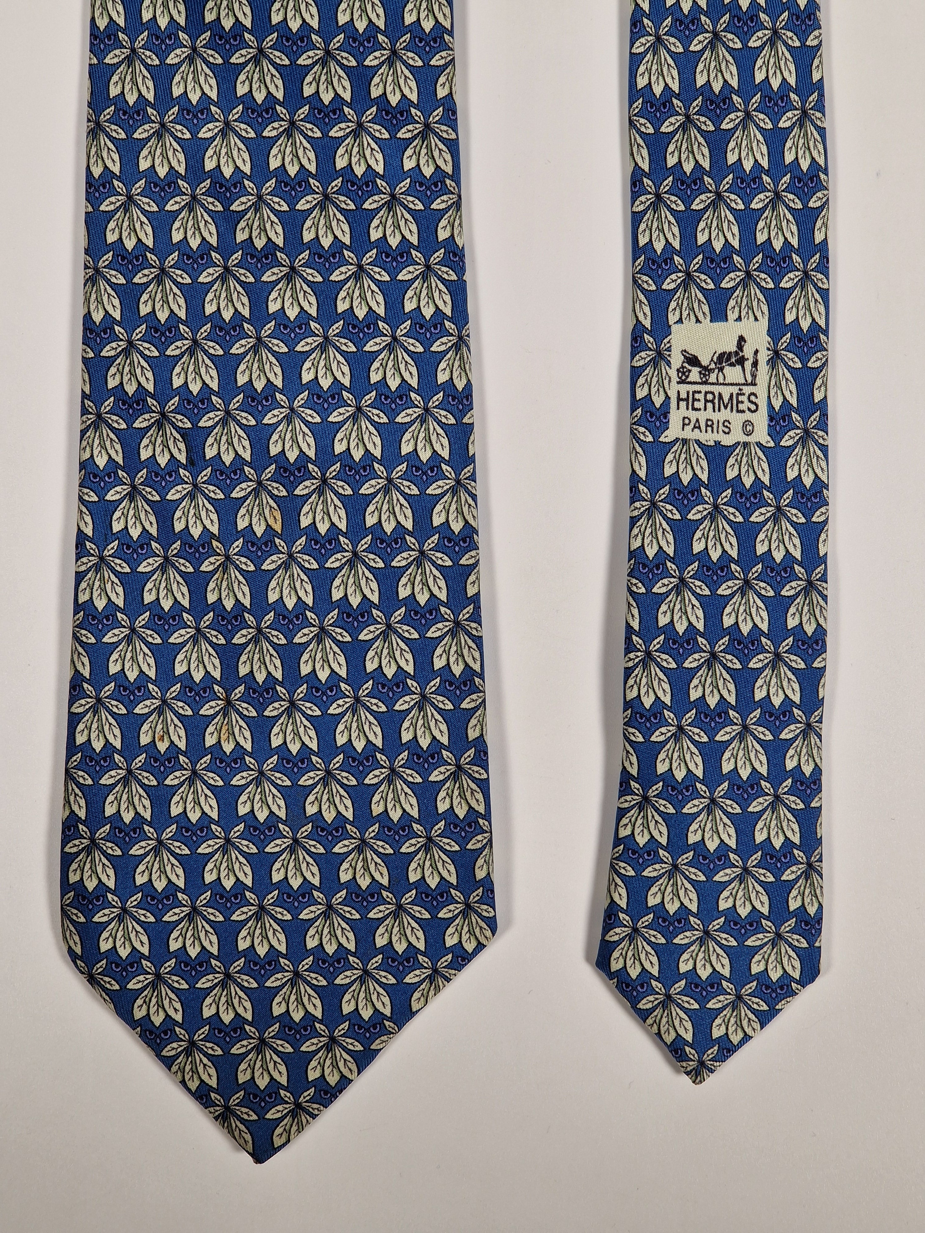 Hermès silk tie blue plants and butterflies 7752 OA