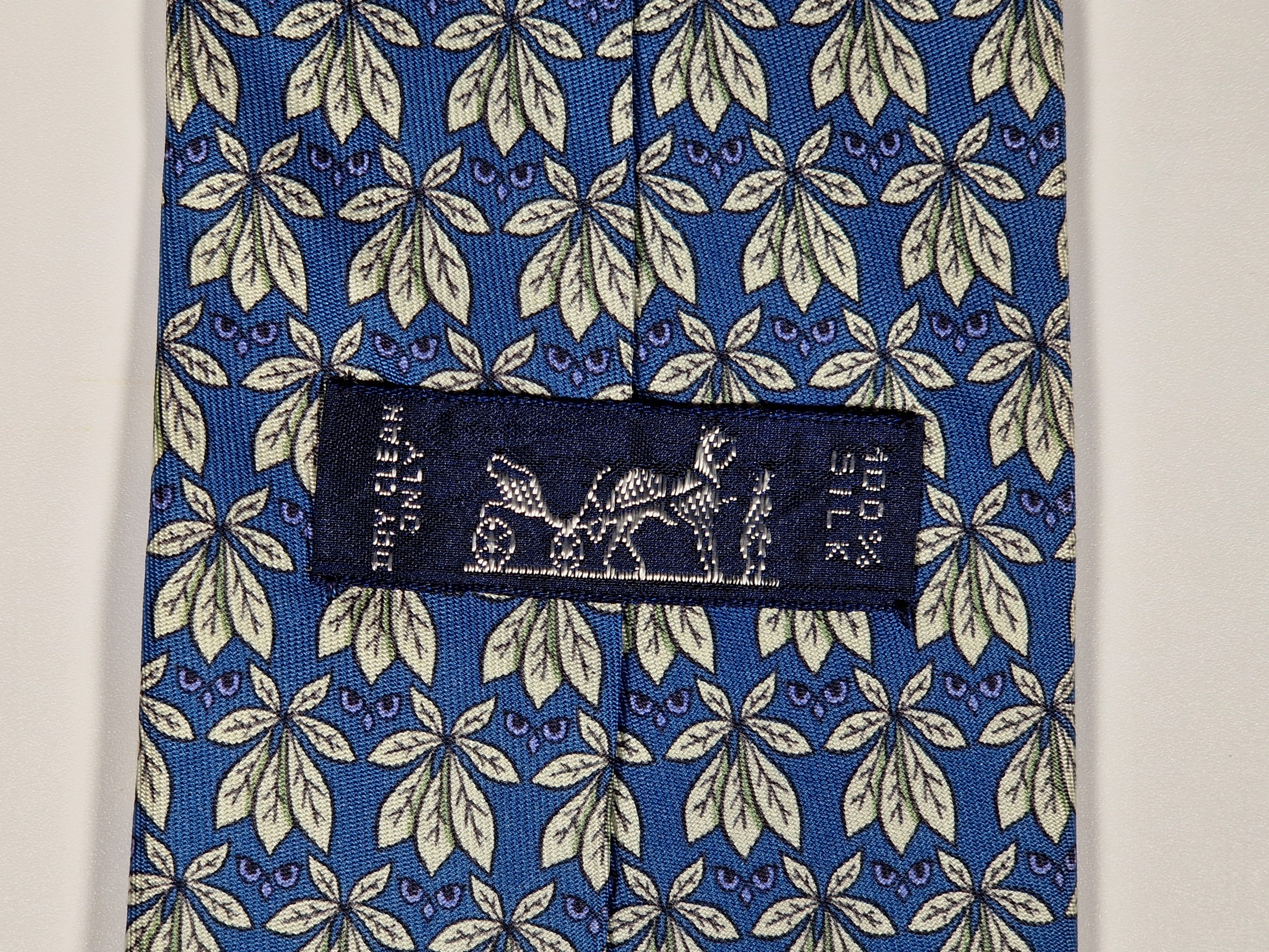 Hermès silk tie blue plants and butterflies 7752 OA