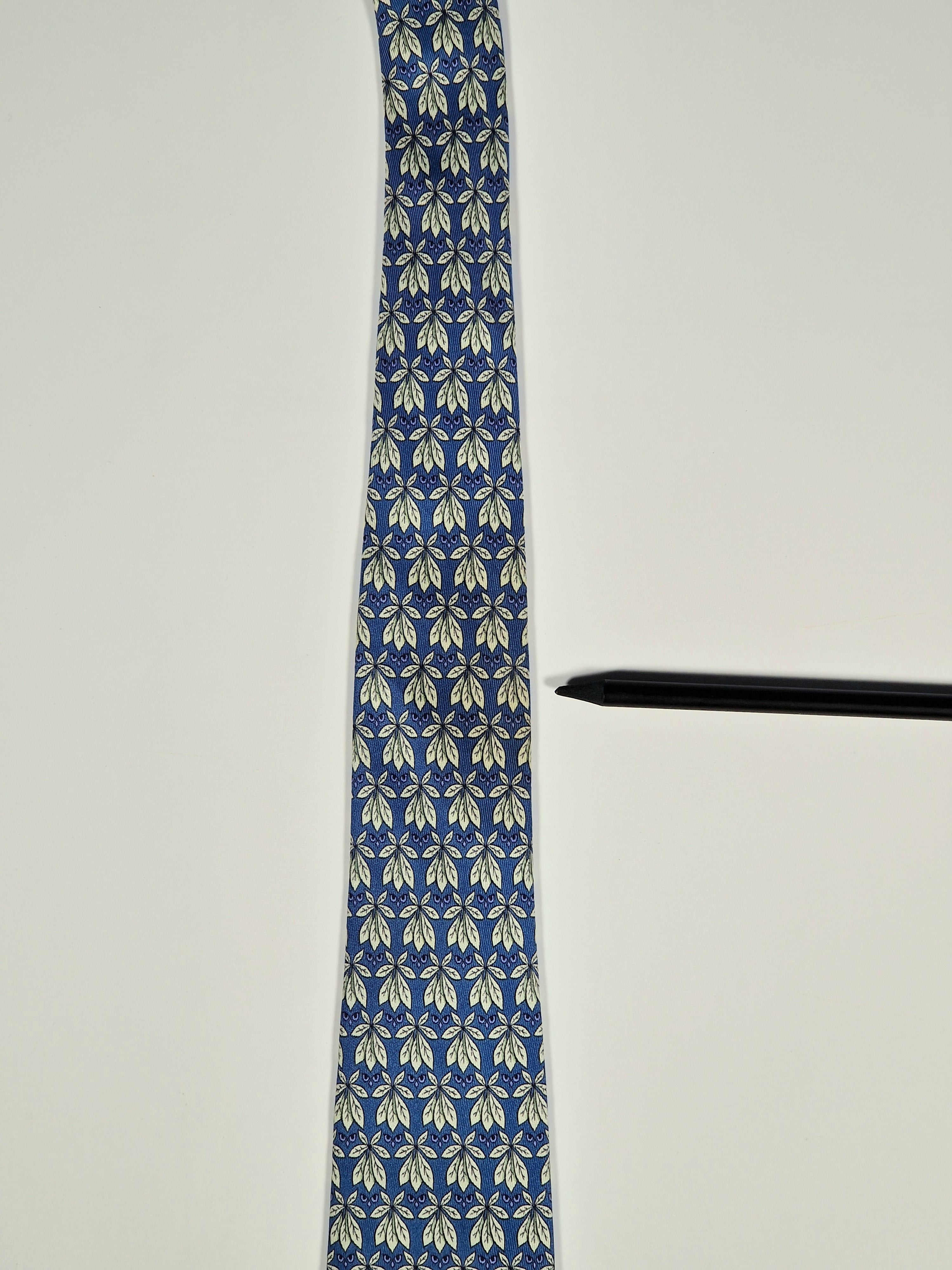 Hermès silk tie blue plants and butterflies 7752 OA