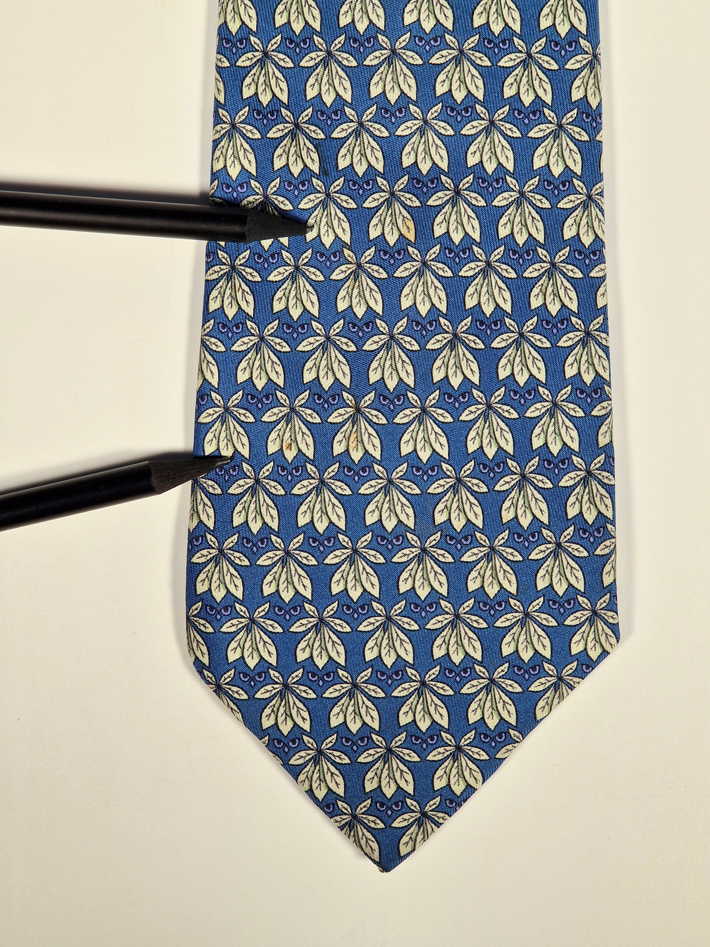 Hermès silk tie blue plants and butterflies 7752 OA