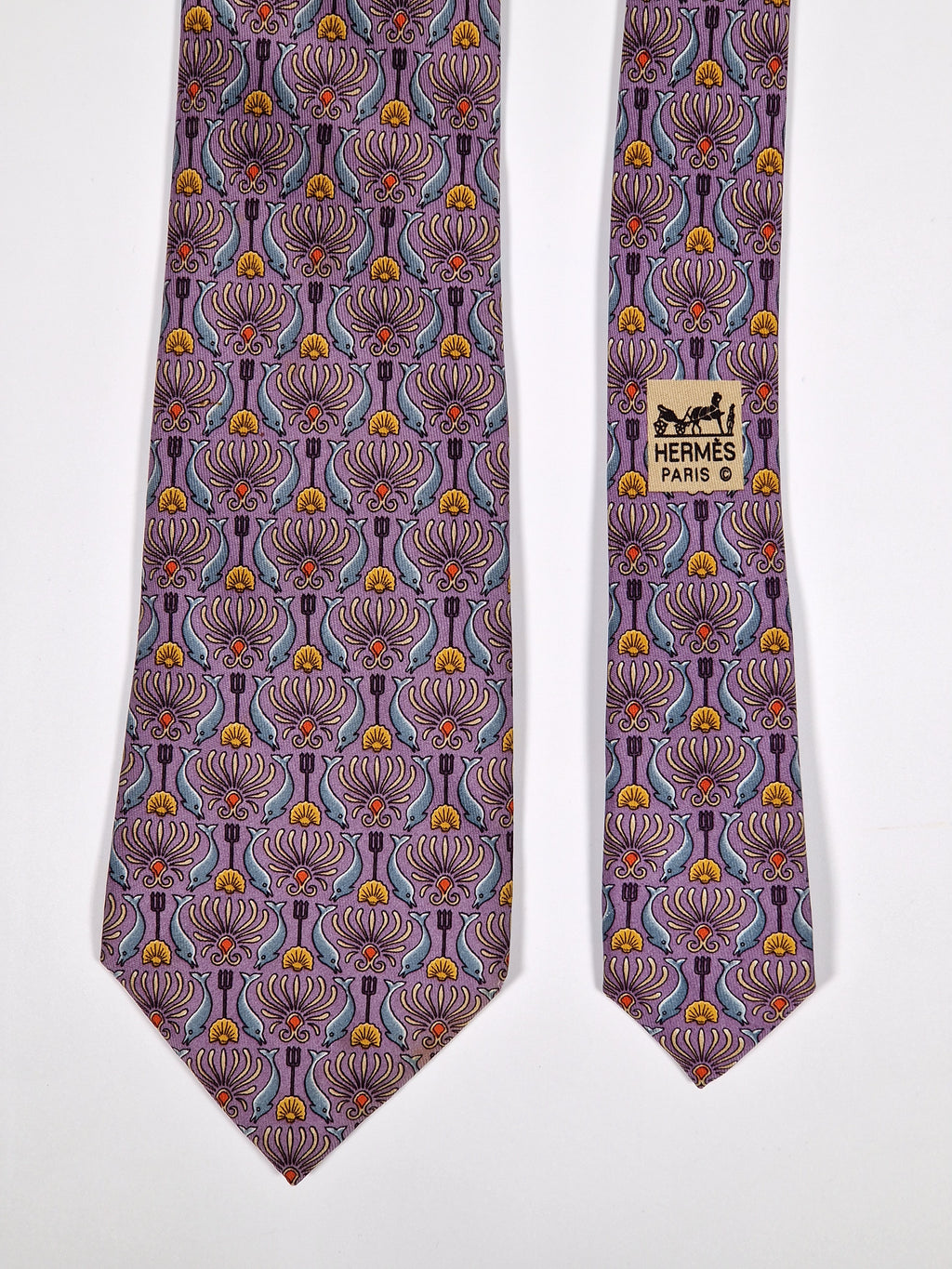 Hermès silk tie purple Poseidons trident and dolphins pattern 7755 FA