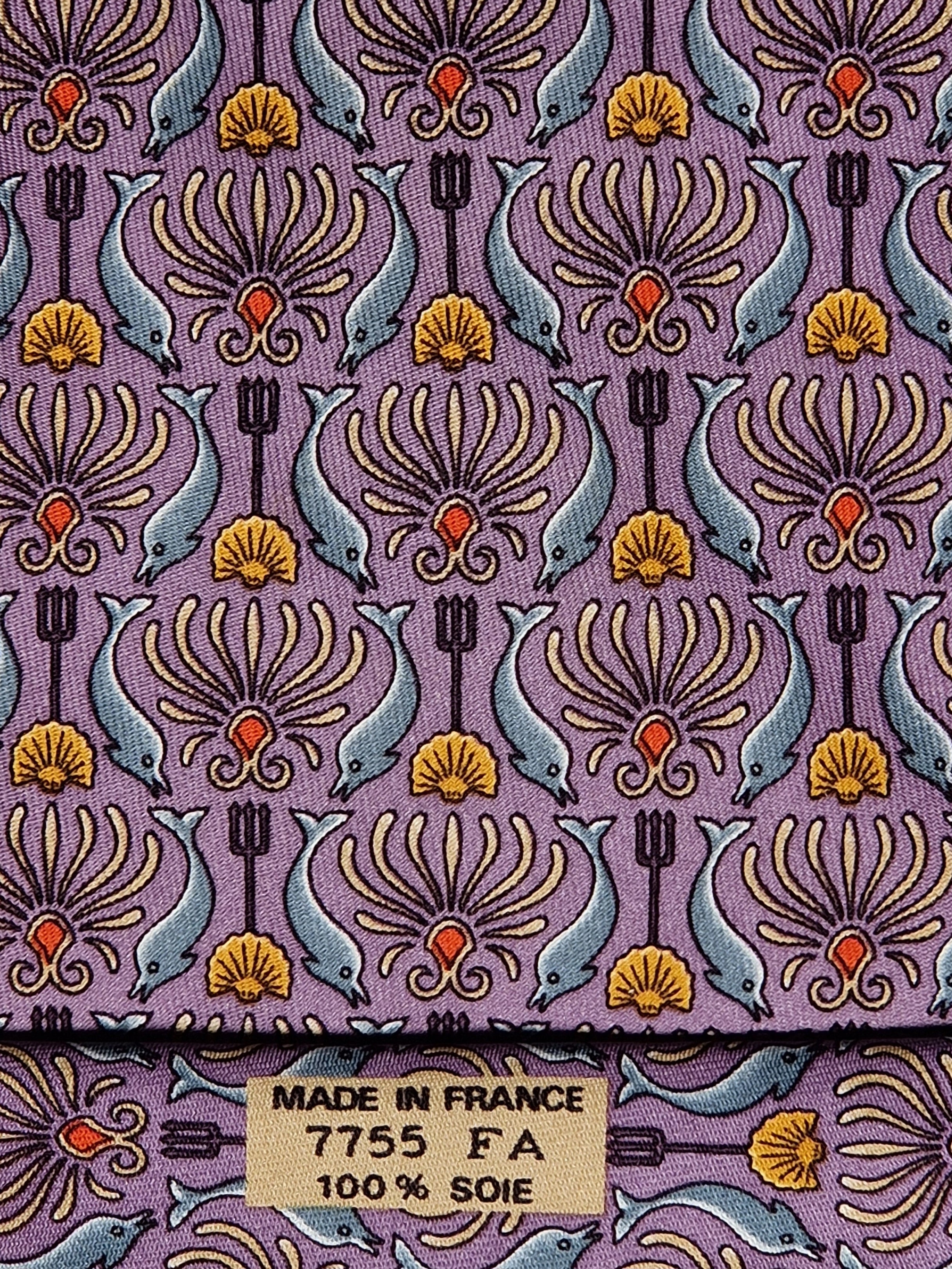 Hermès silk tie purple Poseidons trident and dolphins pattern 7755 FA