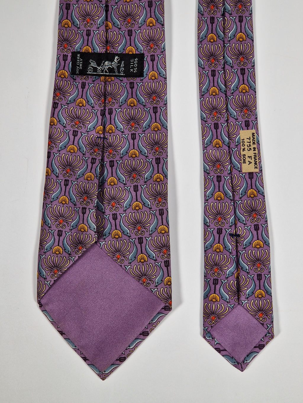 Hermès silk tie purple Poseidons trident and dolphins pattern 7755 FA