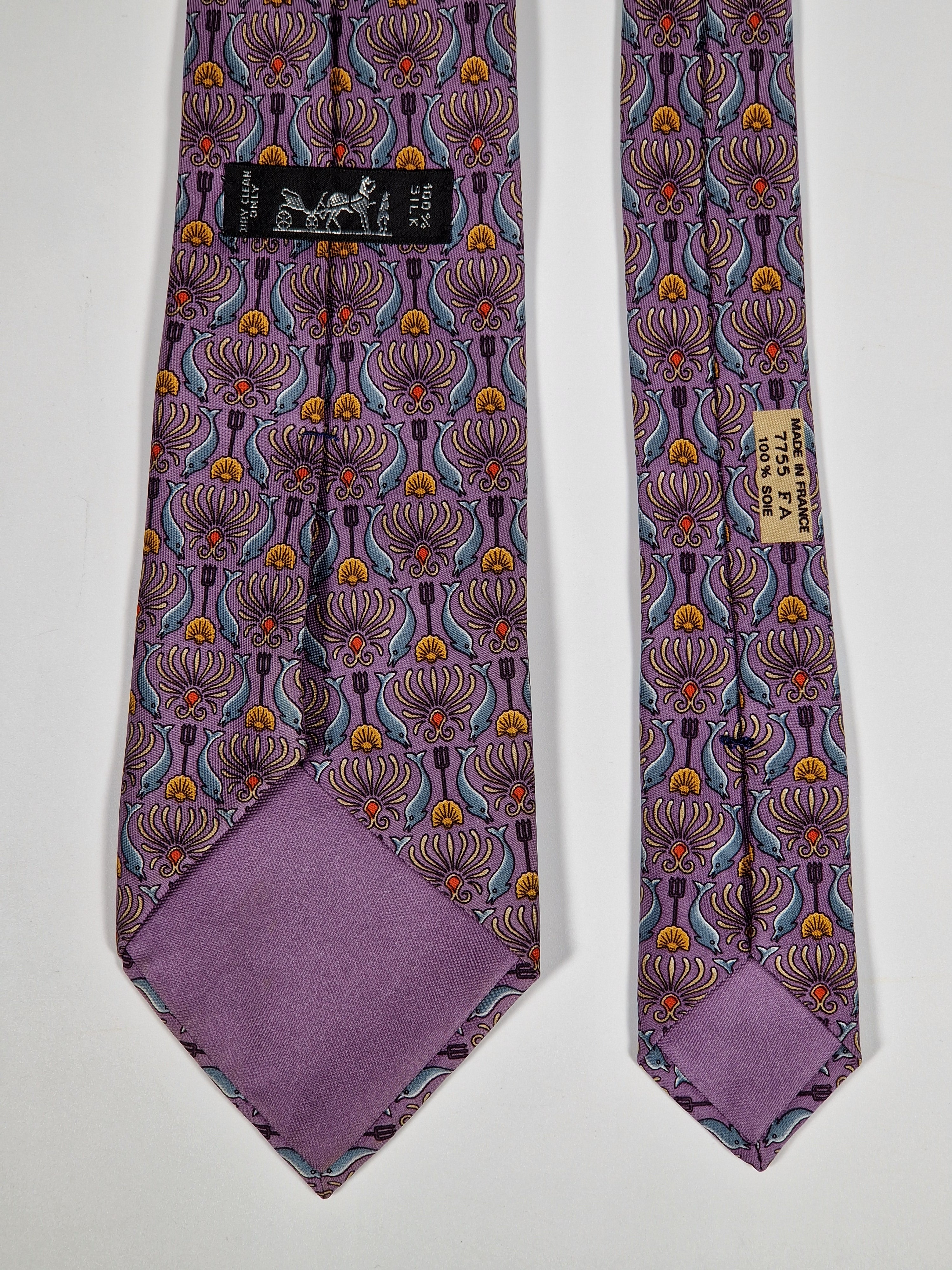 Hermès silk tie purple Poseidons trident and dolphins pattern 7755 FA