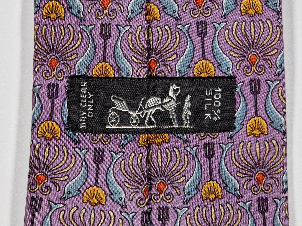 Hermès silk tie purple Poseidons trident and dolphins pattern 7755 FA