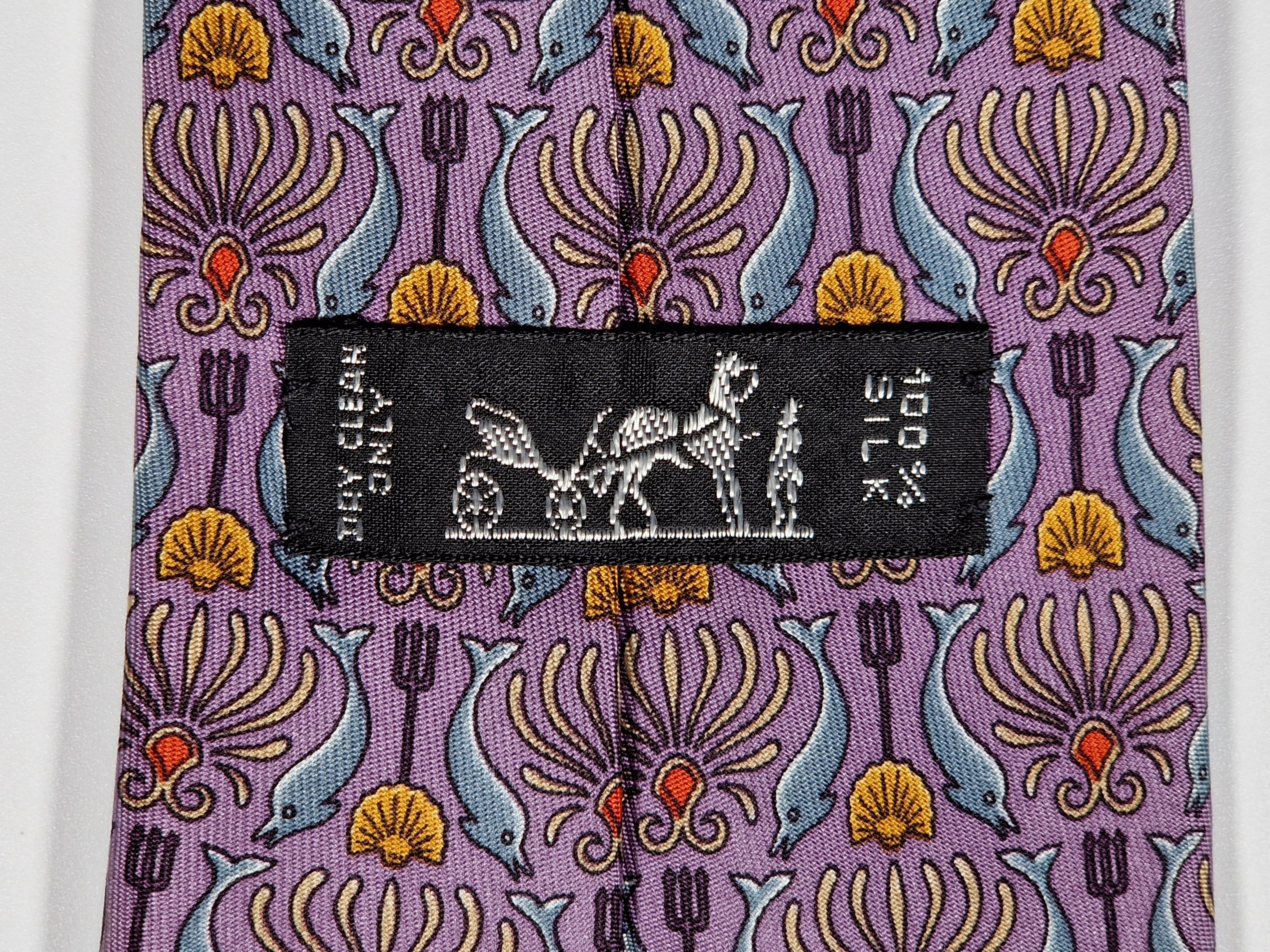 Hermès silk tie purple Poseidons trident and dolphins pattern 7755 FA