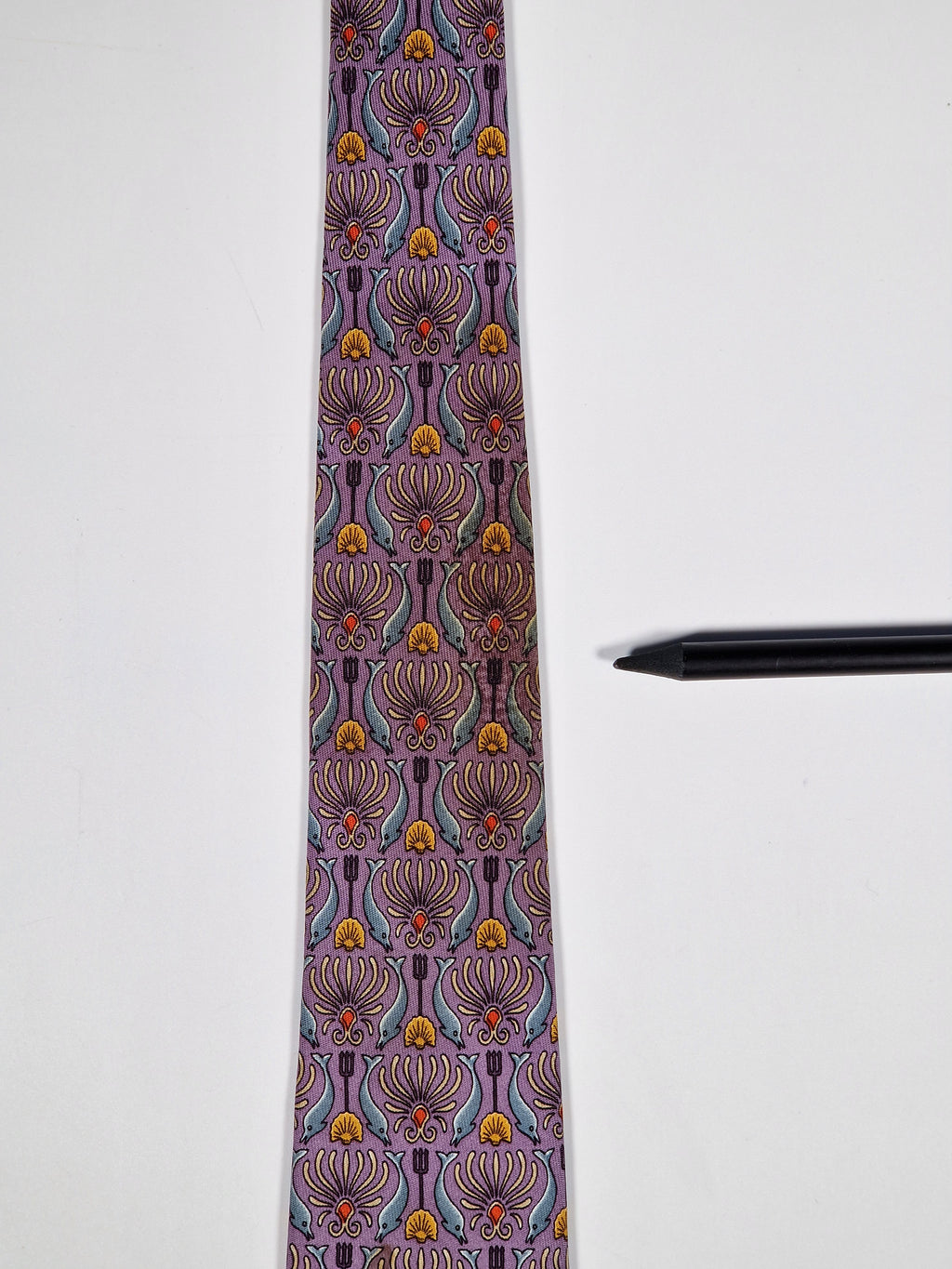 Hermès silk tie purple Poseidons trident and dolphins pattern 7755 FA