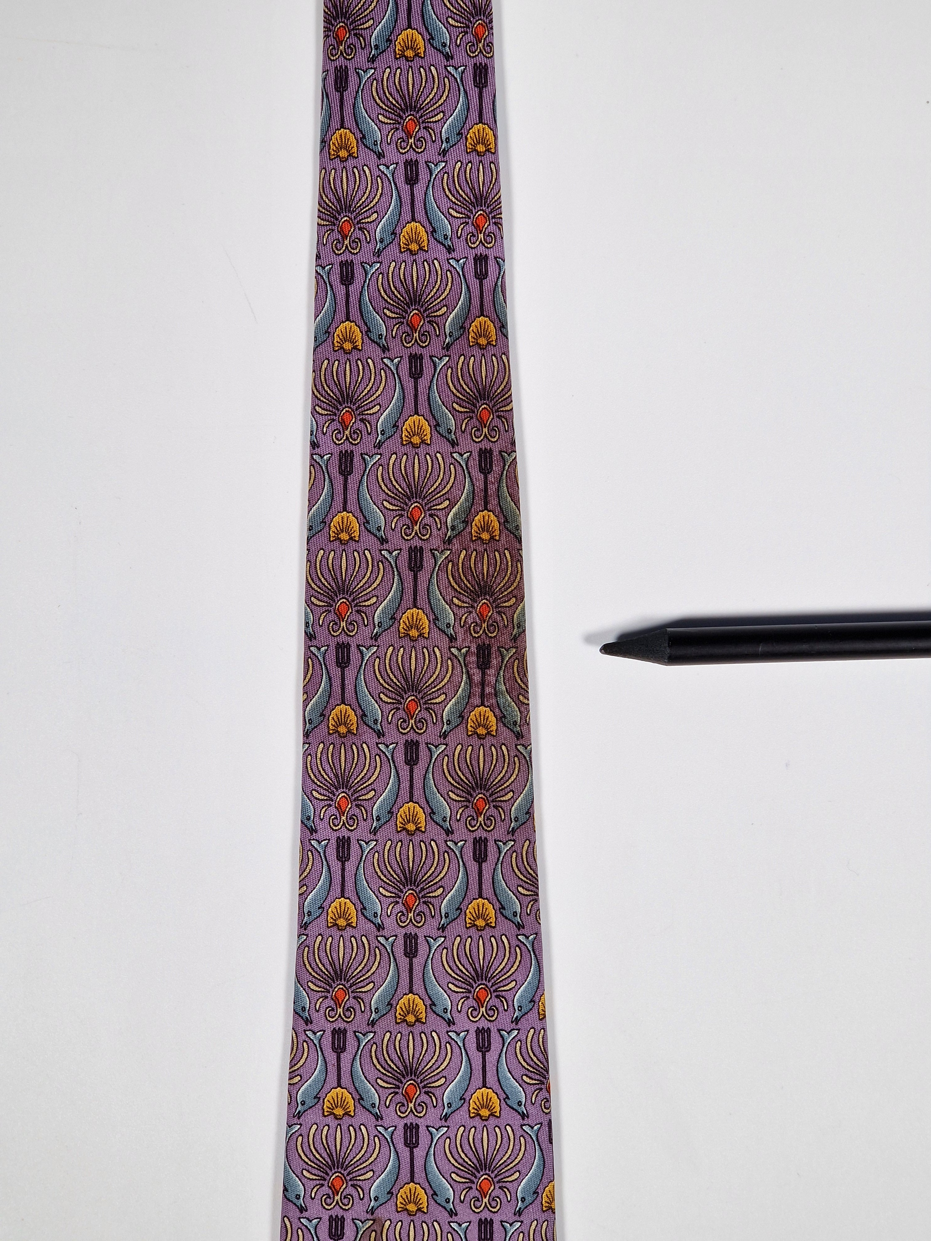 Hermès silk tie purple Poseidons trident and dolphins pattern 7755 FA
