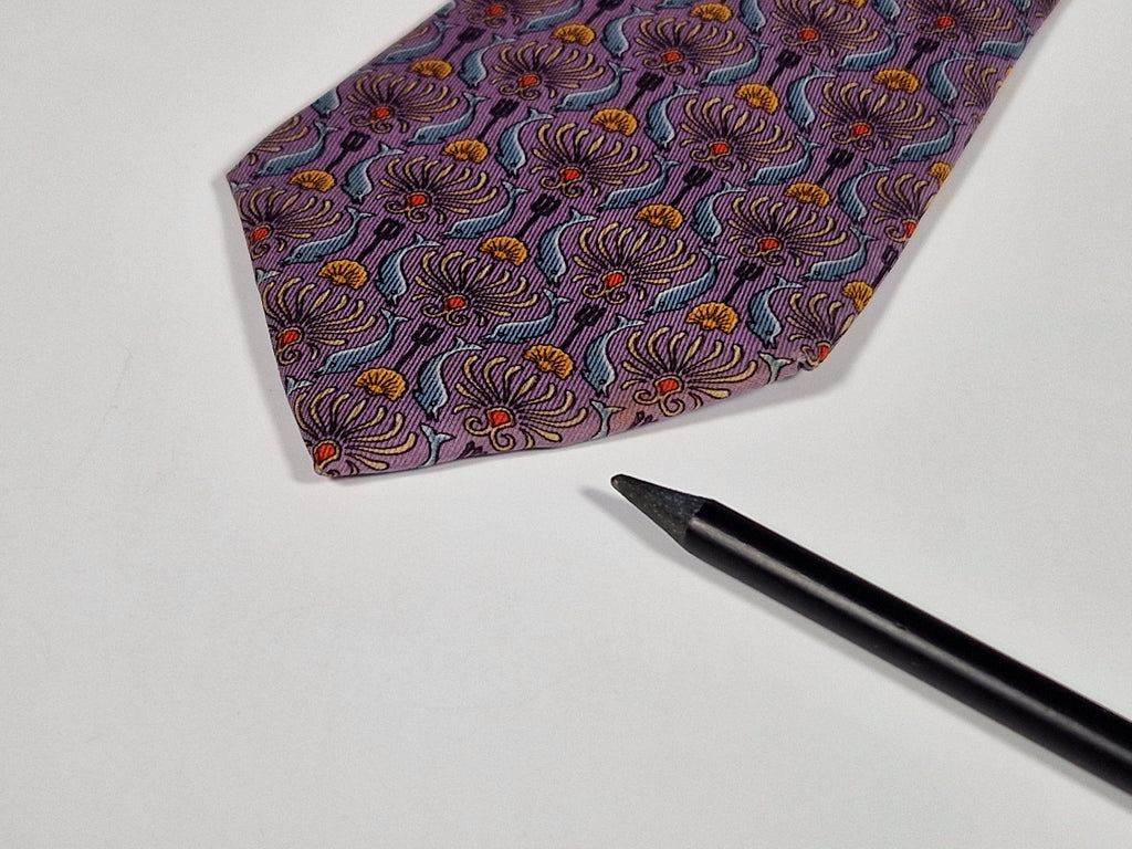 Hermès silk tie purple Poseidons trident and dolphins pattern 7755 FA
