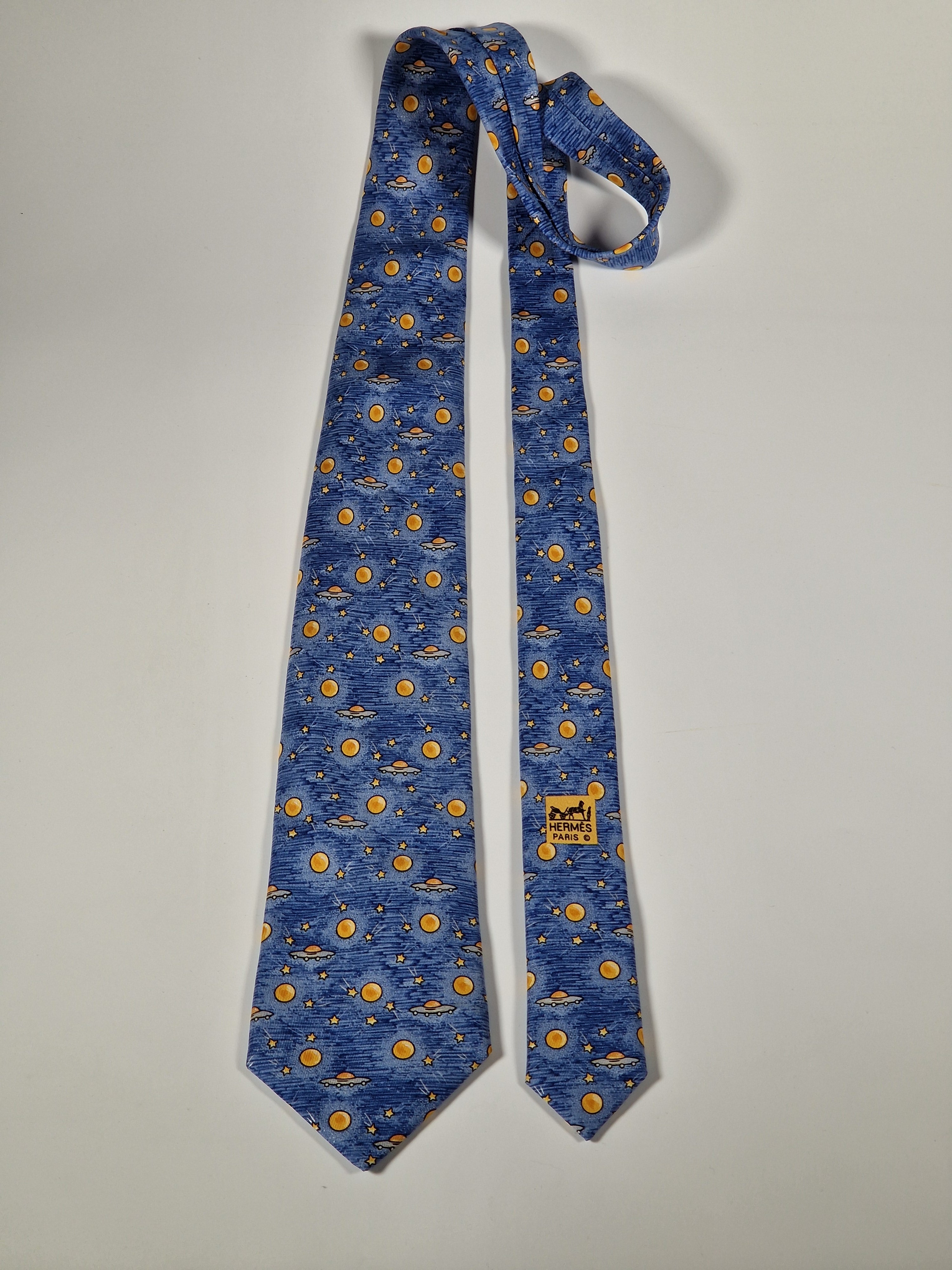 Hermès silk tie blue UFO Spaceship and stars 7777 FA