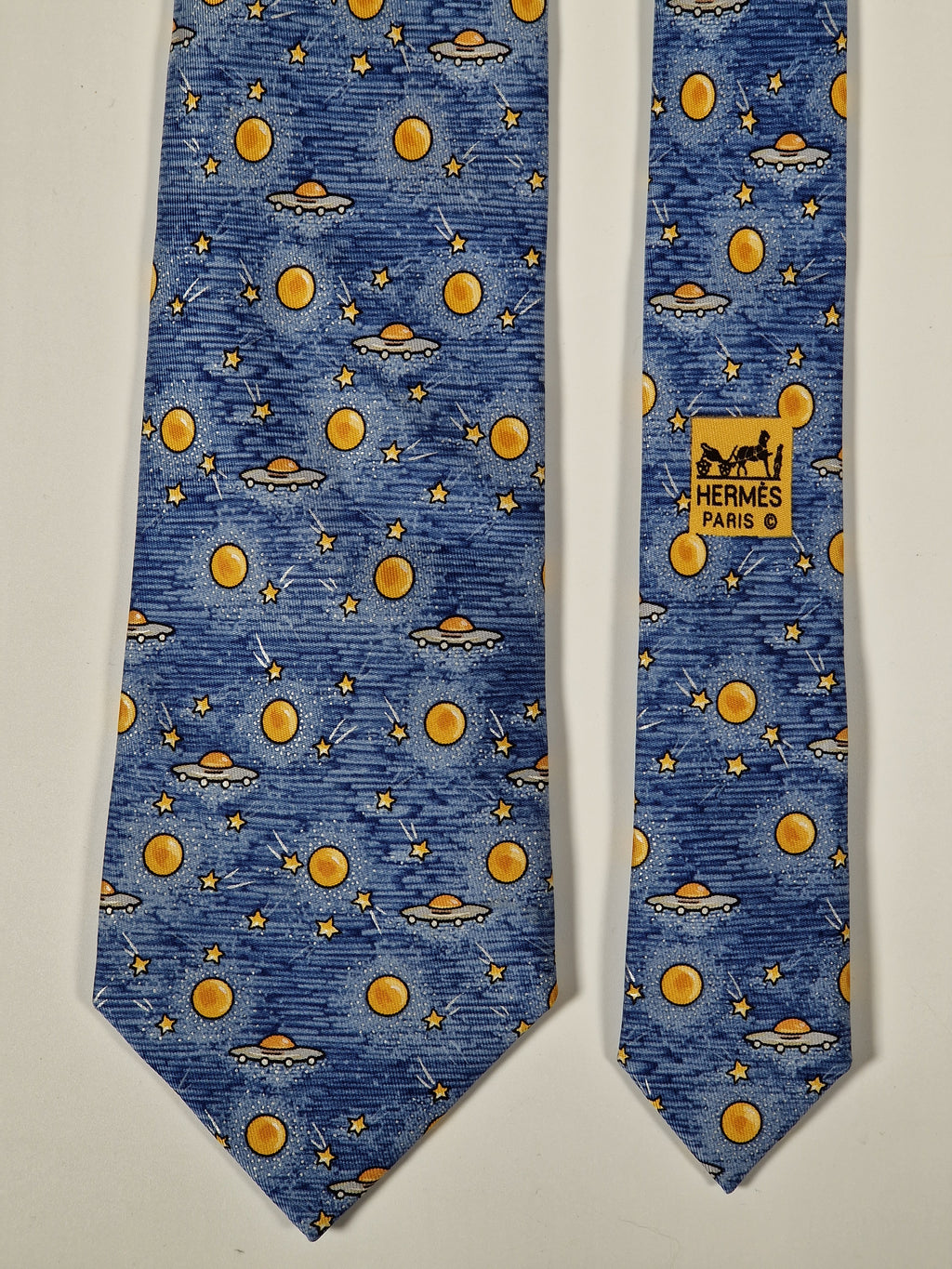 Hermès silk tie blue UFO Spaceship and stars 7777 FA