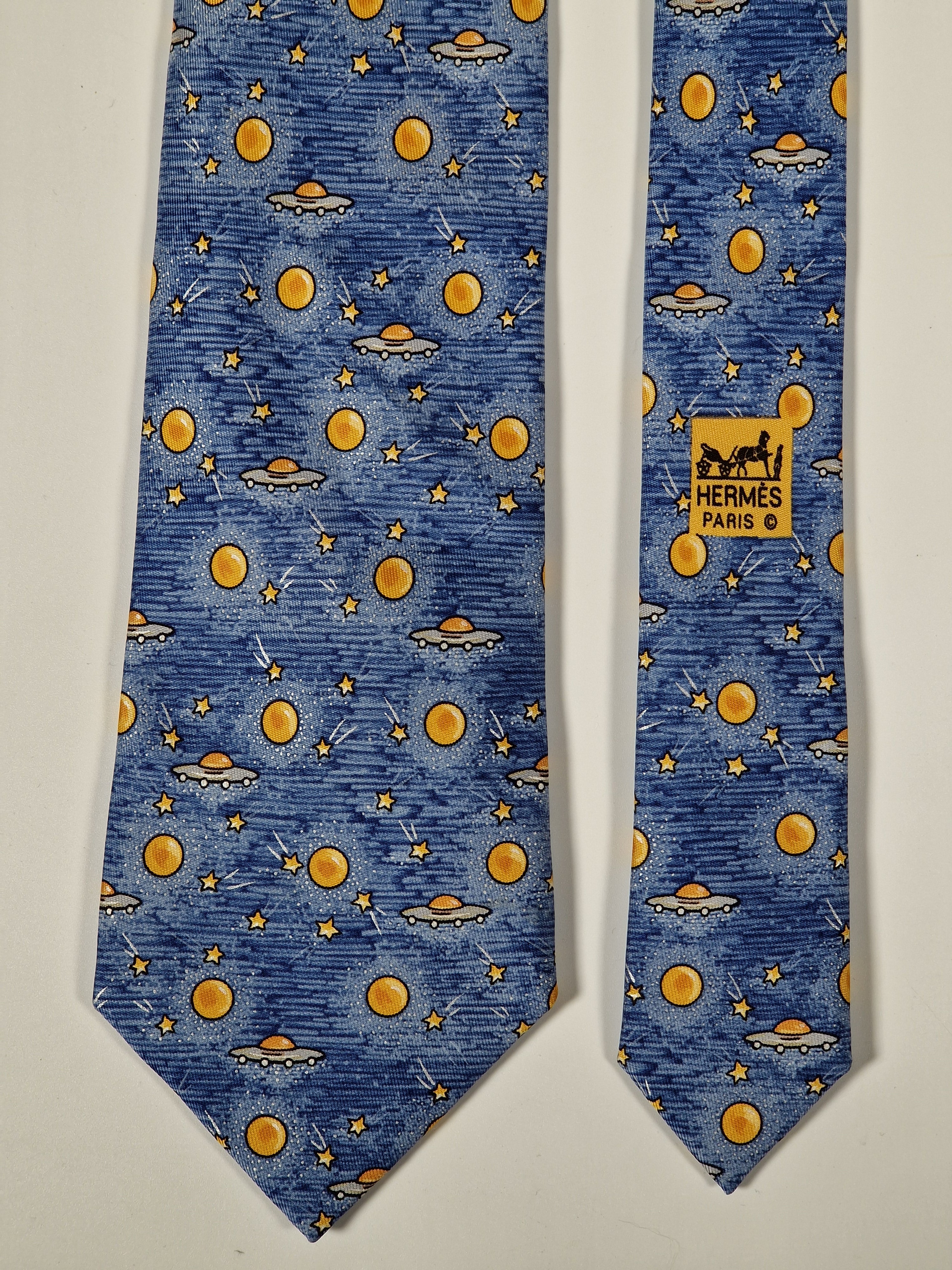 Hermès silk tie blue UFO Spaceship and stars 7777 FA