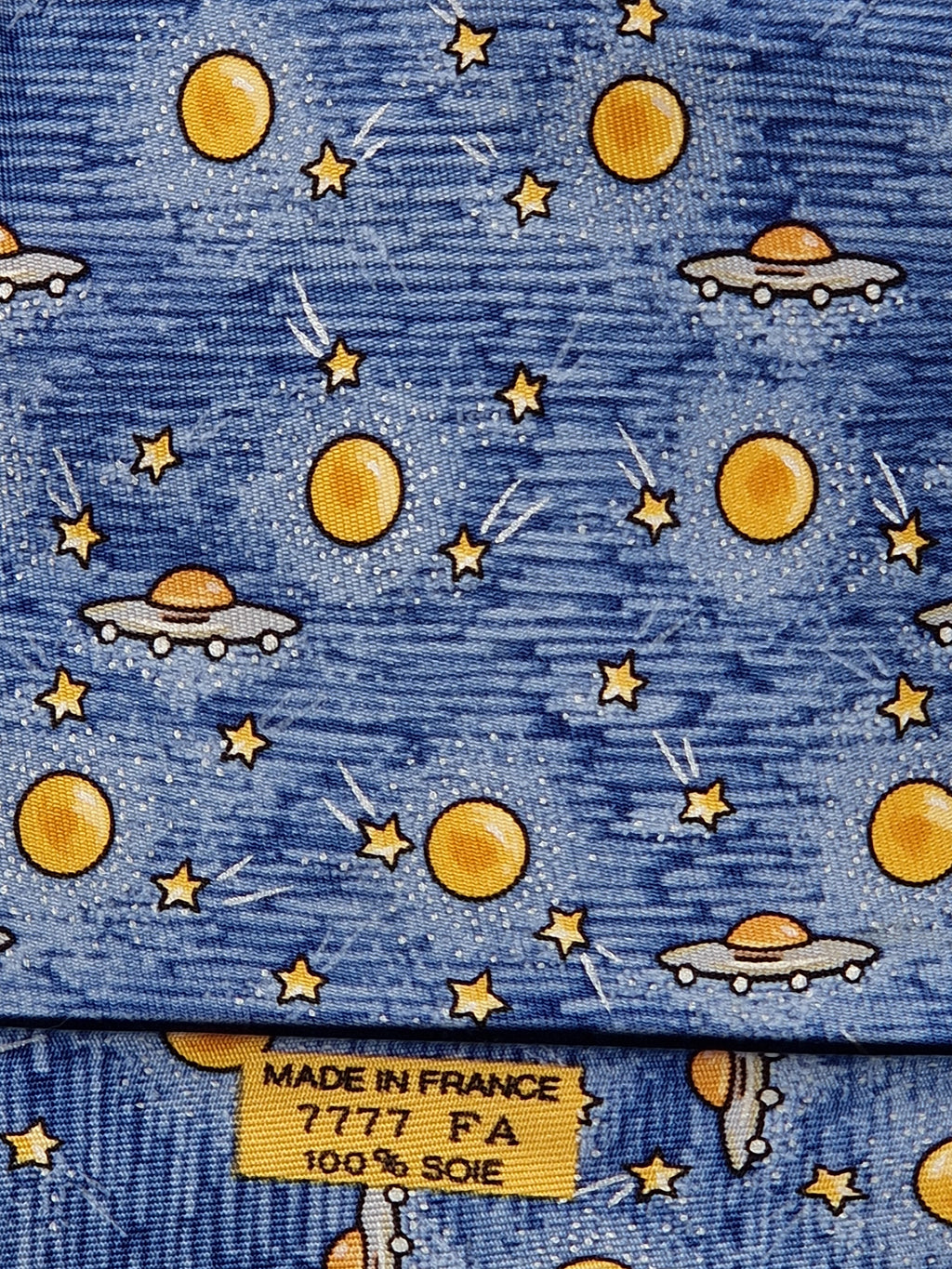 Hermès silk tie blue UFO Spaceship and stars 7777 FA