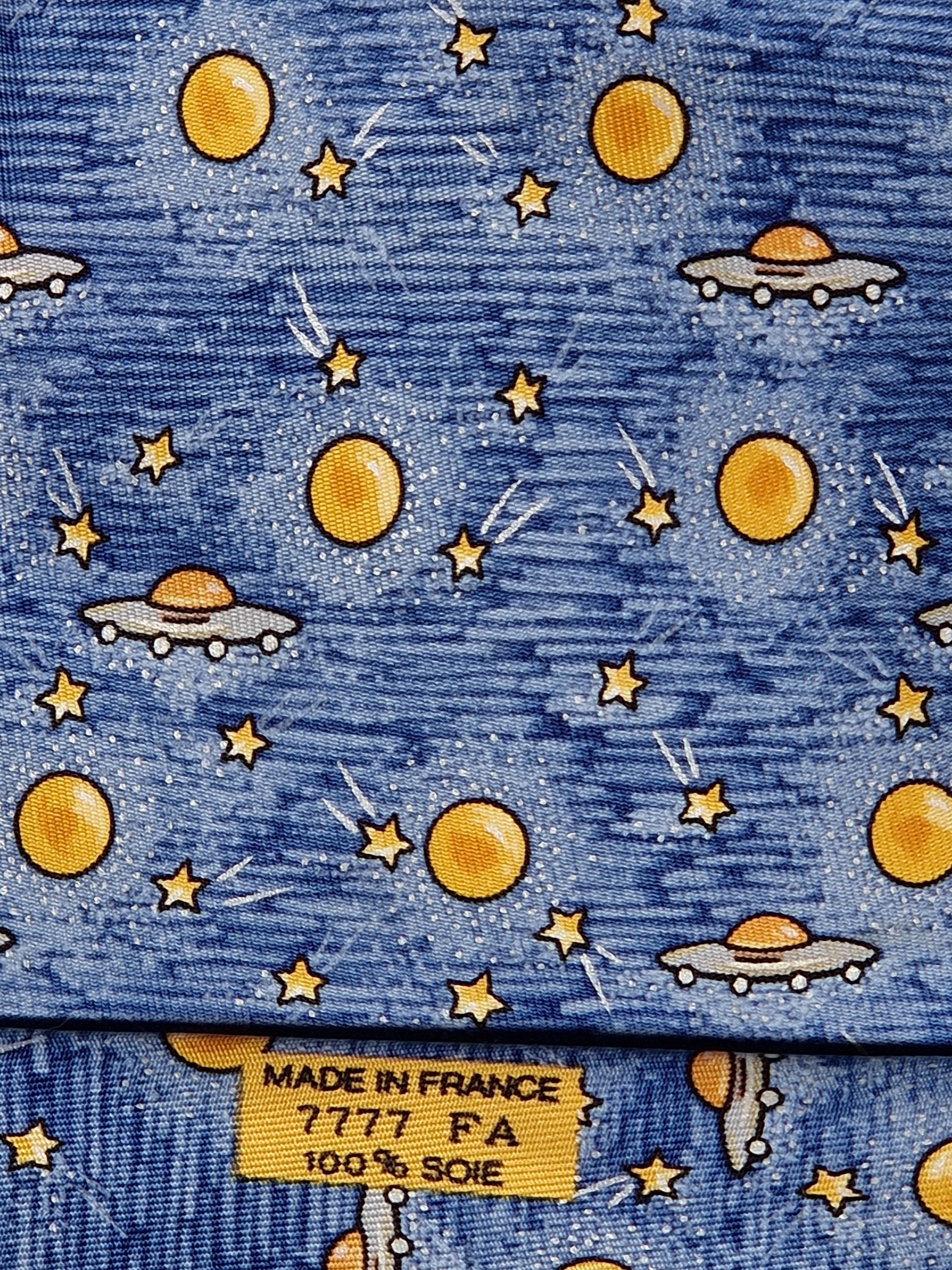 Hermès silk tie blue UFO Spaceship and stars 7777 FA