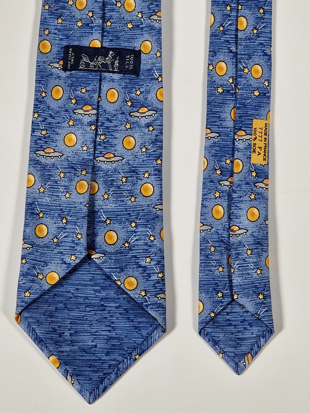 Hermès silk tie blue UFO Spaceship and stars 7777 FA
