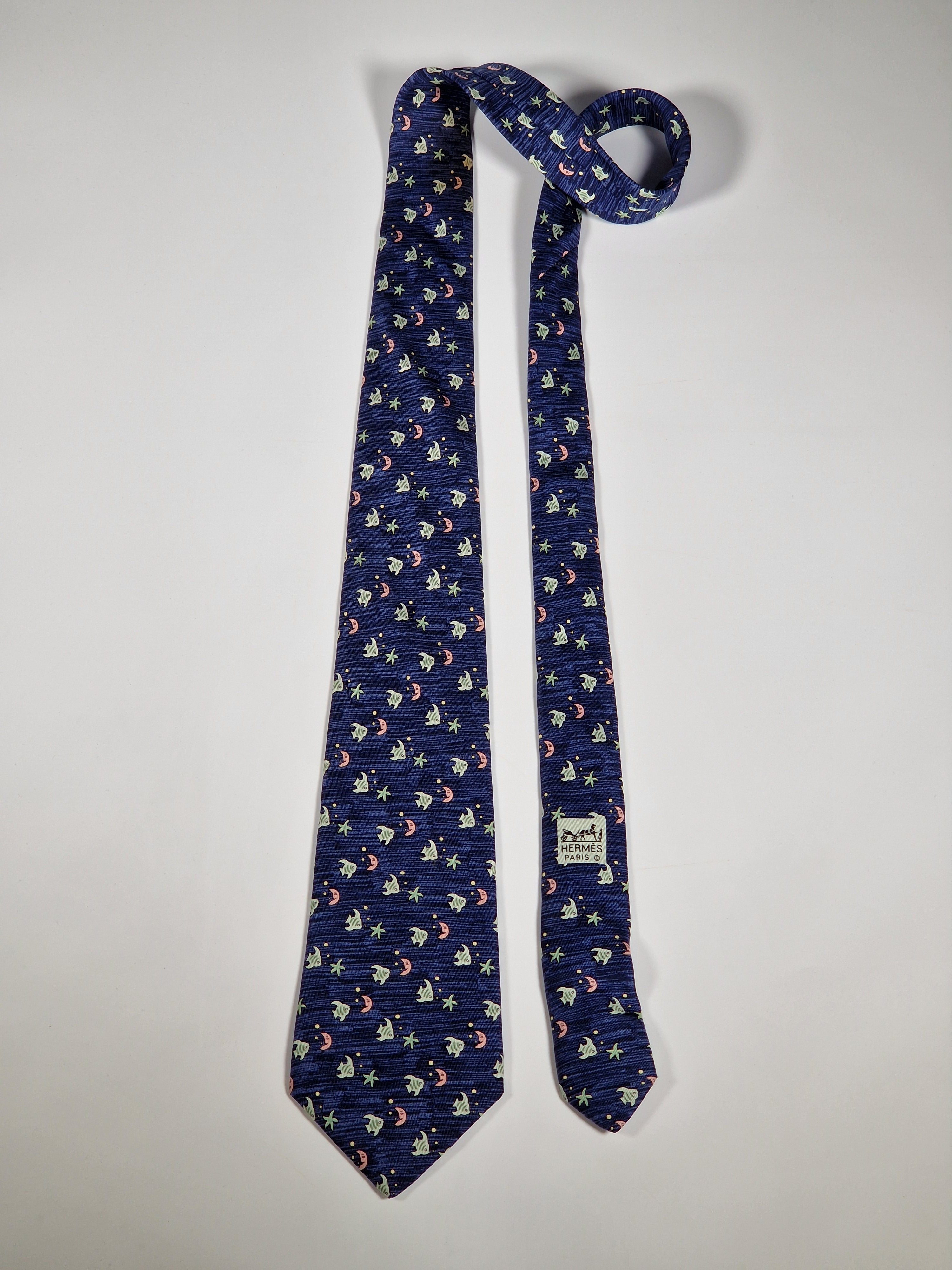 Hermès silk tie blue fish pattern Hermès 7785 FA tie blue