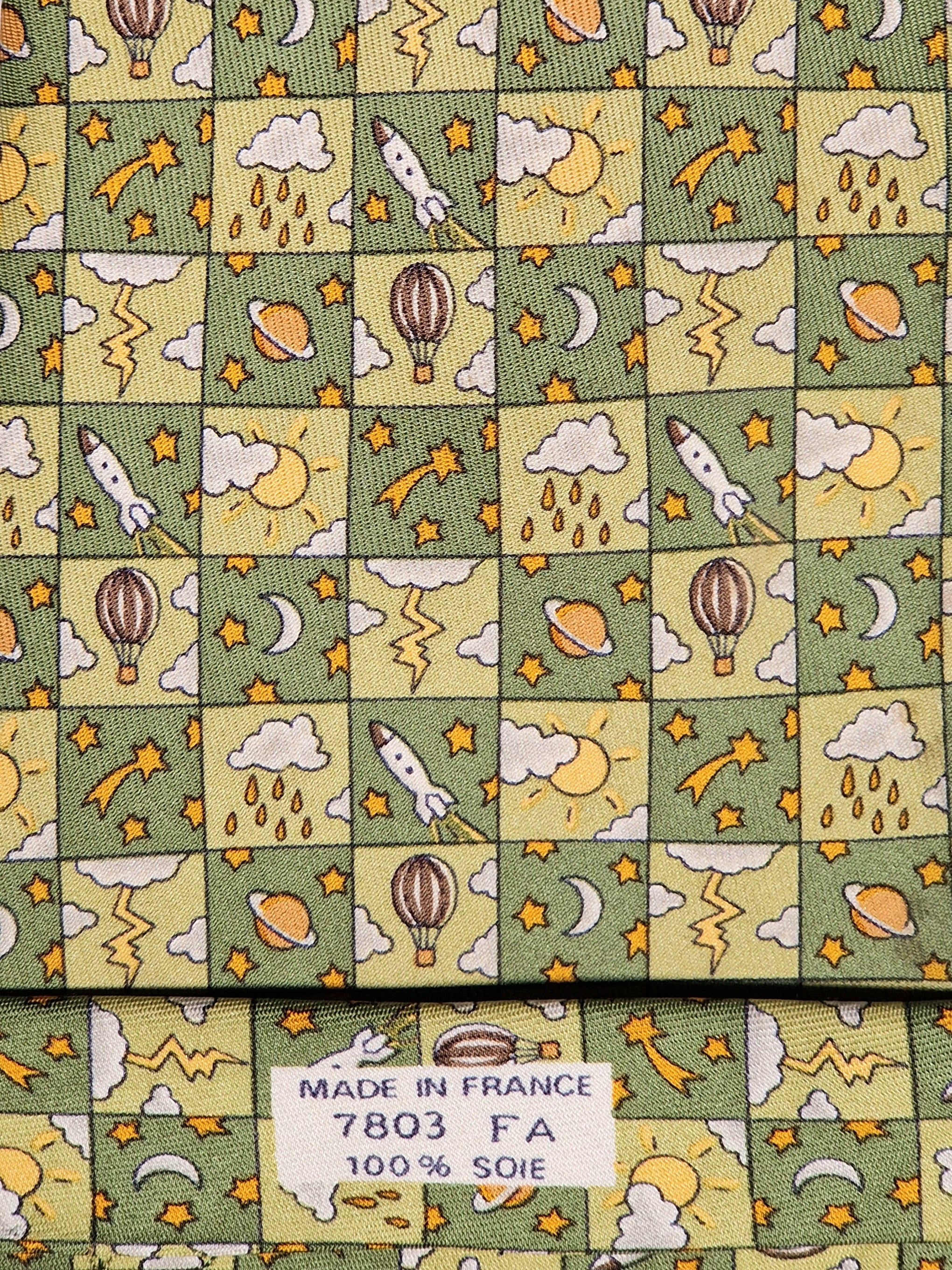 007803 Hermès silk tie green whimsical pattern 7803 FA