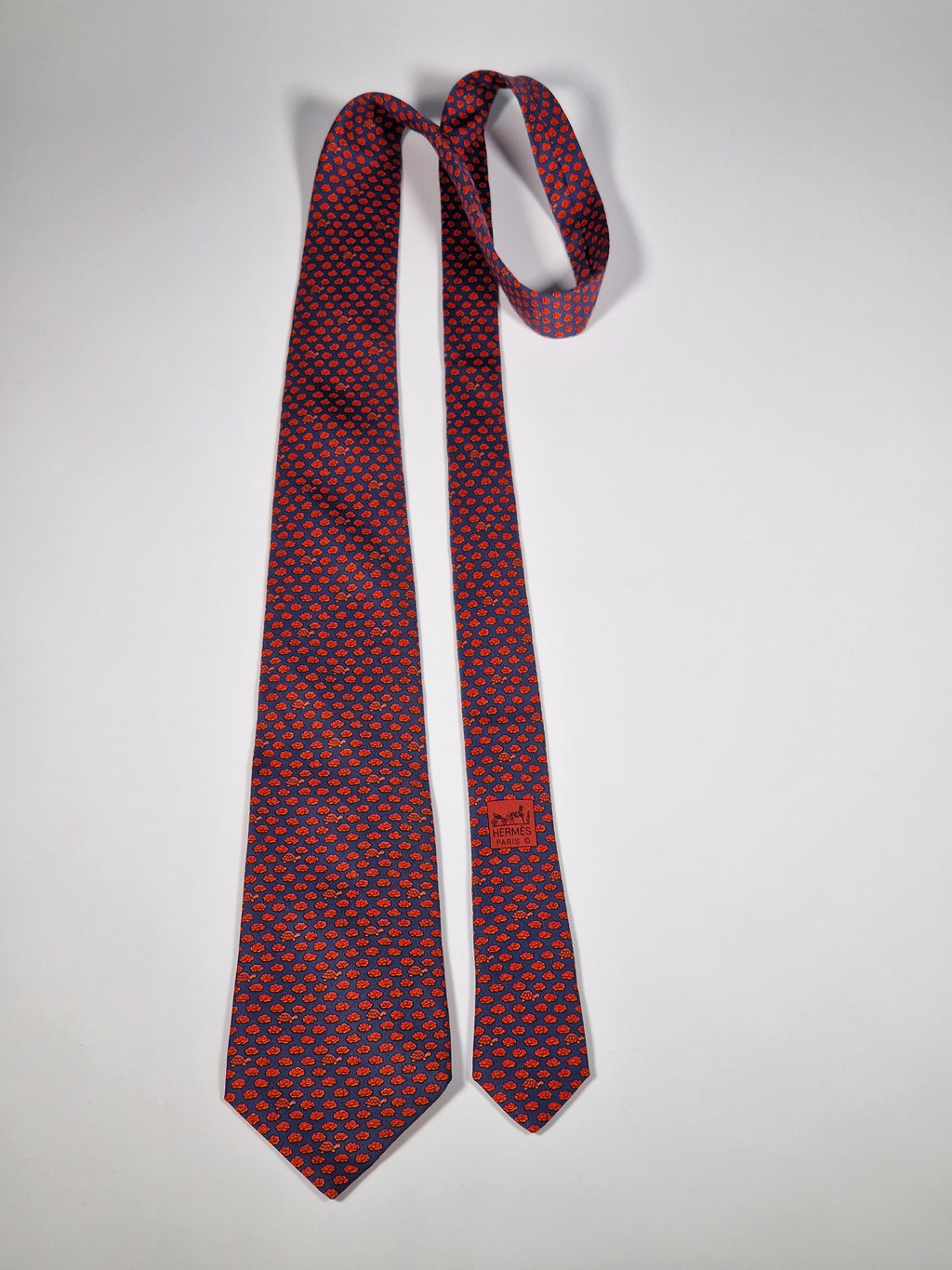 Hermès silk tie blue salad and turtle whimsical patter 7896 MA