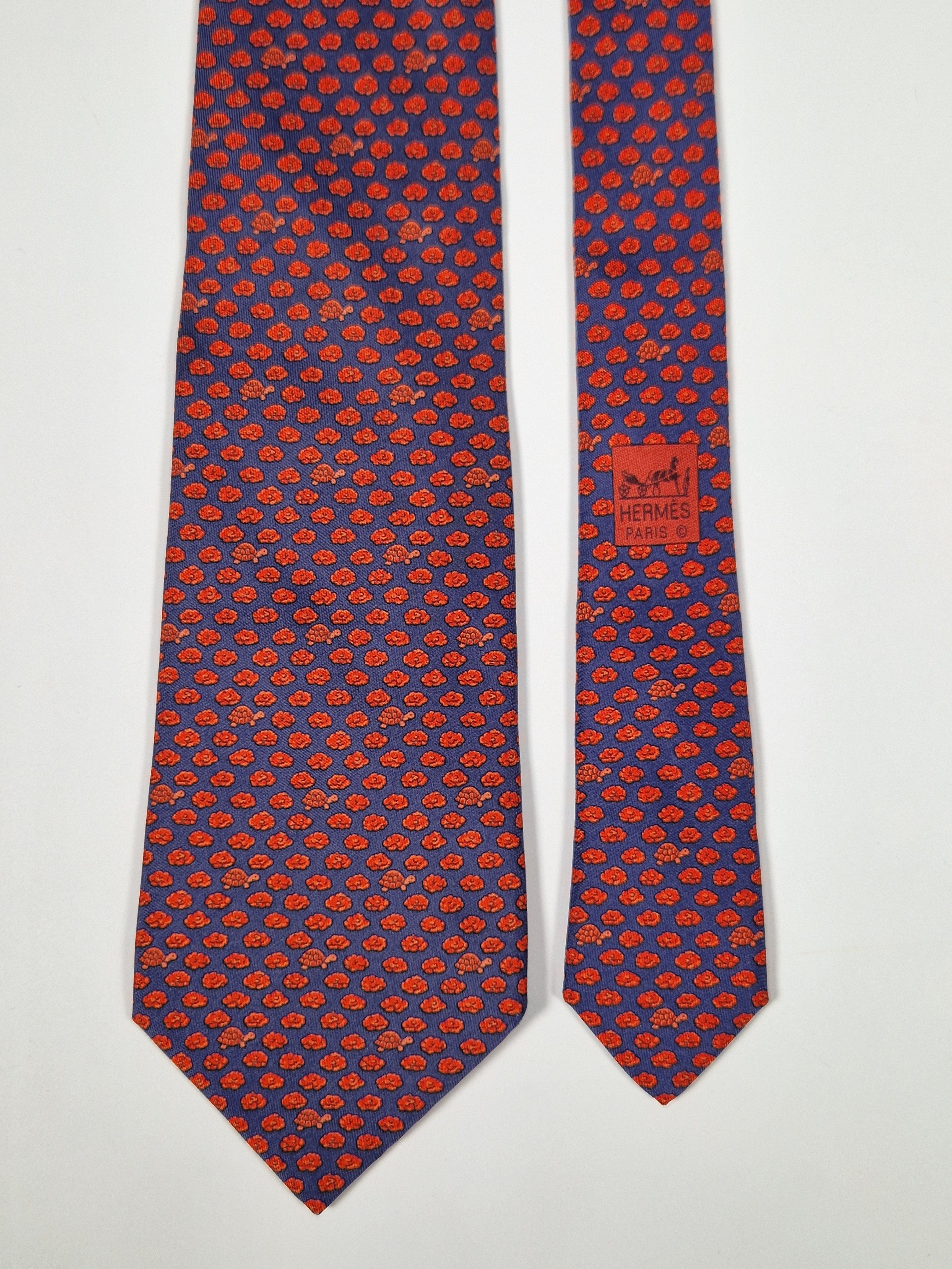 Hermès silk tie blue salad and turtle whimsical patter 7896 MA