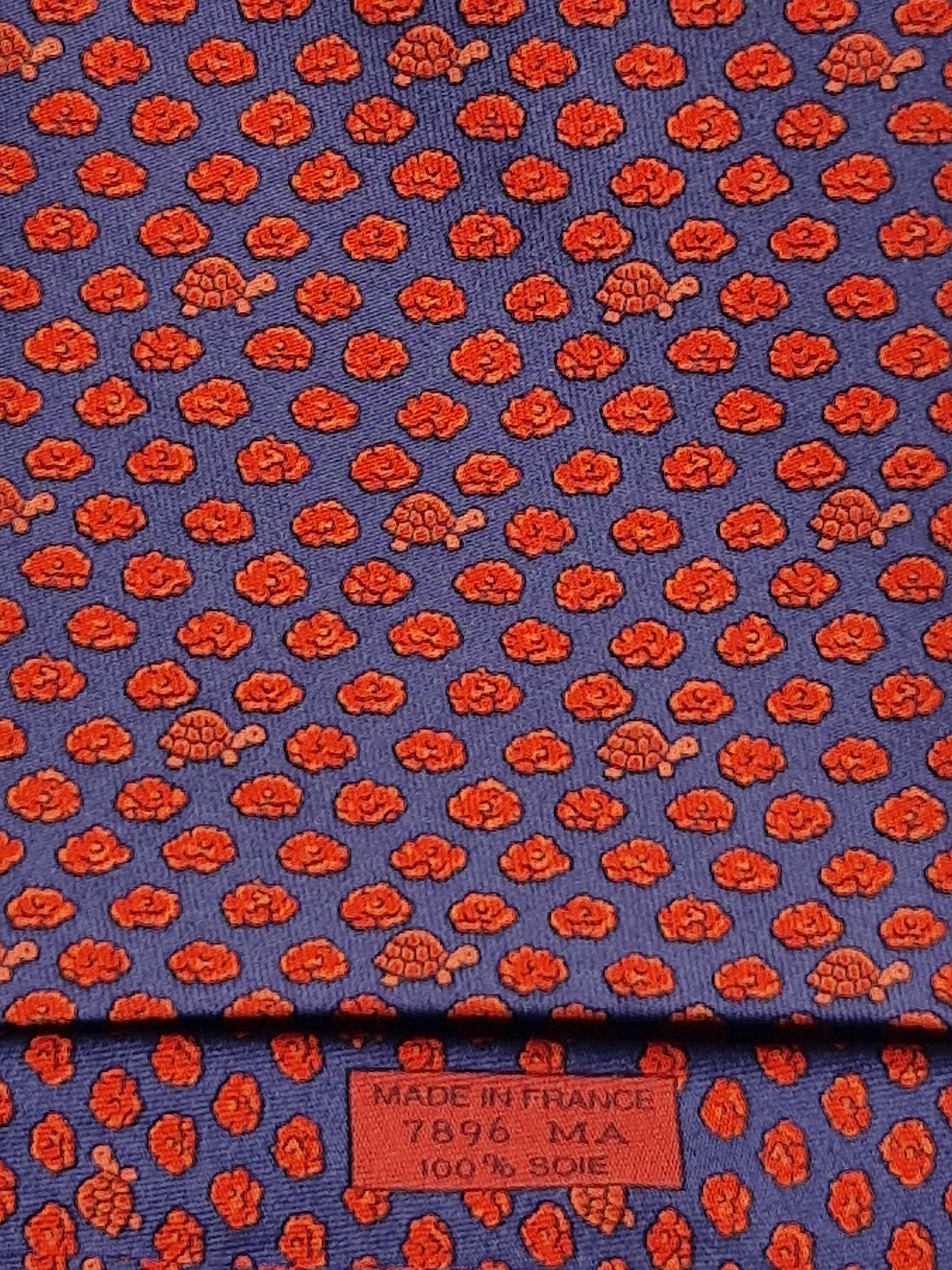 Hermès silk tie blue salad and turtle whimsical patter 7896 MA