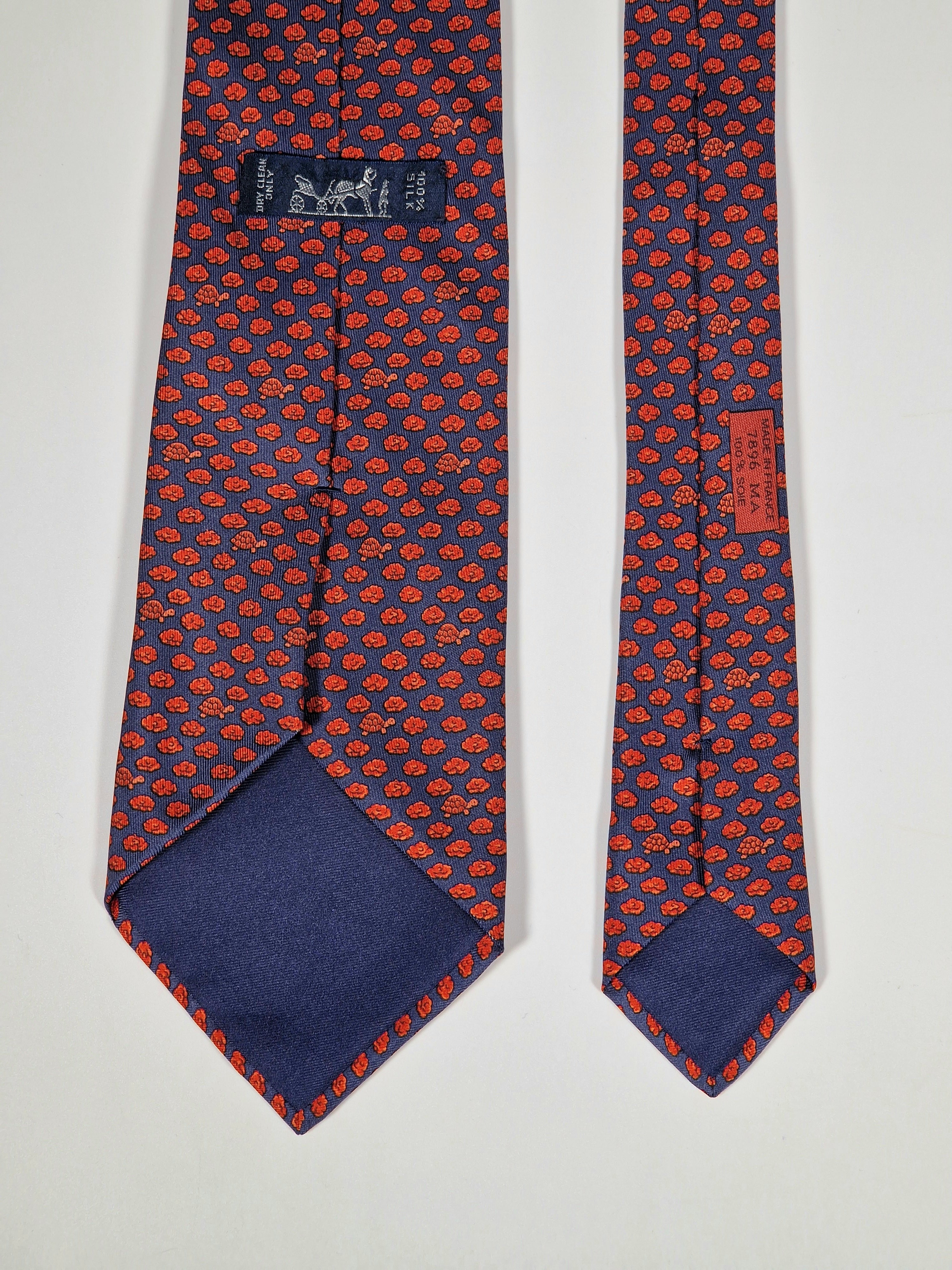 Hermès silk tie blue salad and turtle whimsical patter 7896 MA