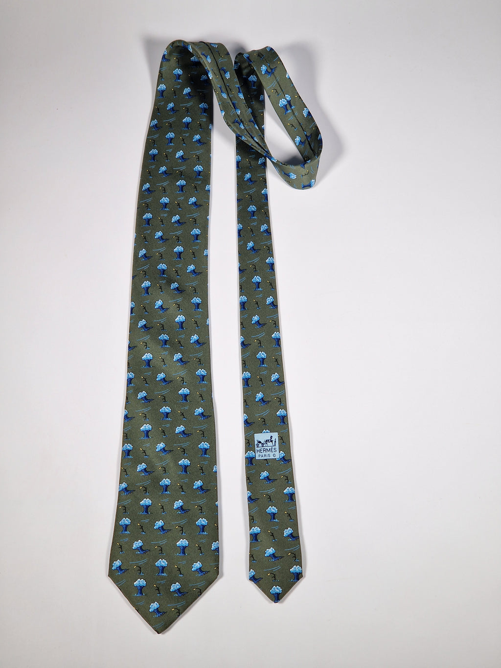 Hermès silk tie green whimsical trees 7928 MA