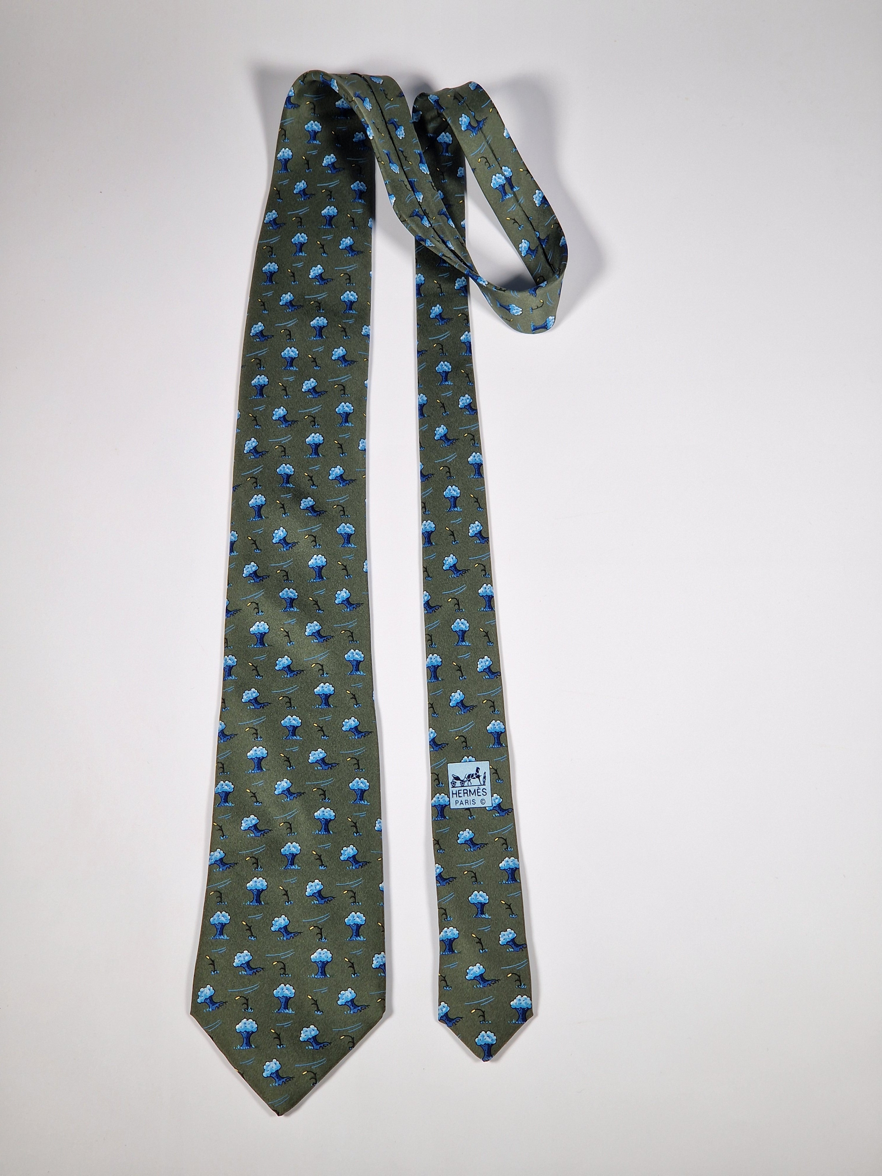 Hermès silk tie green whimsical trees 7928 MA