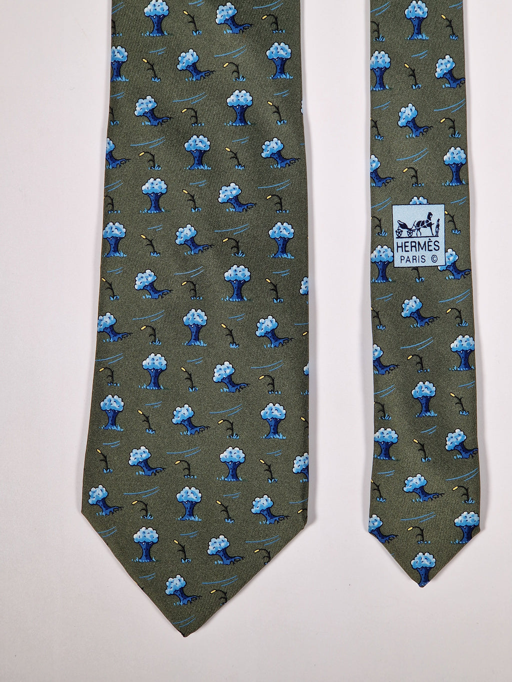 Hermès silk tie green whimsical trees 7928 MA