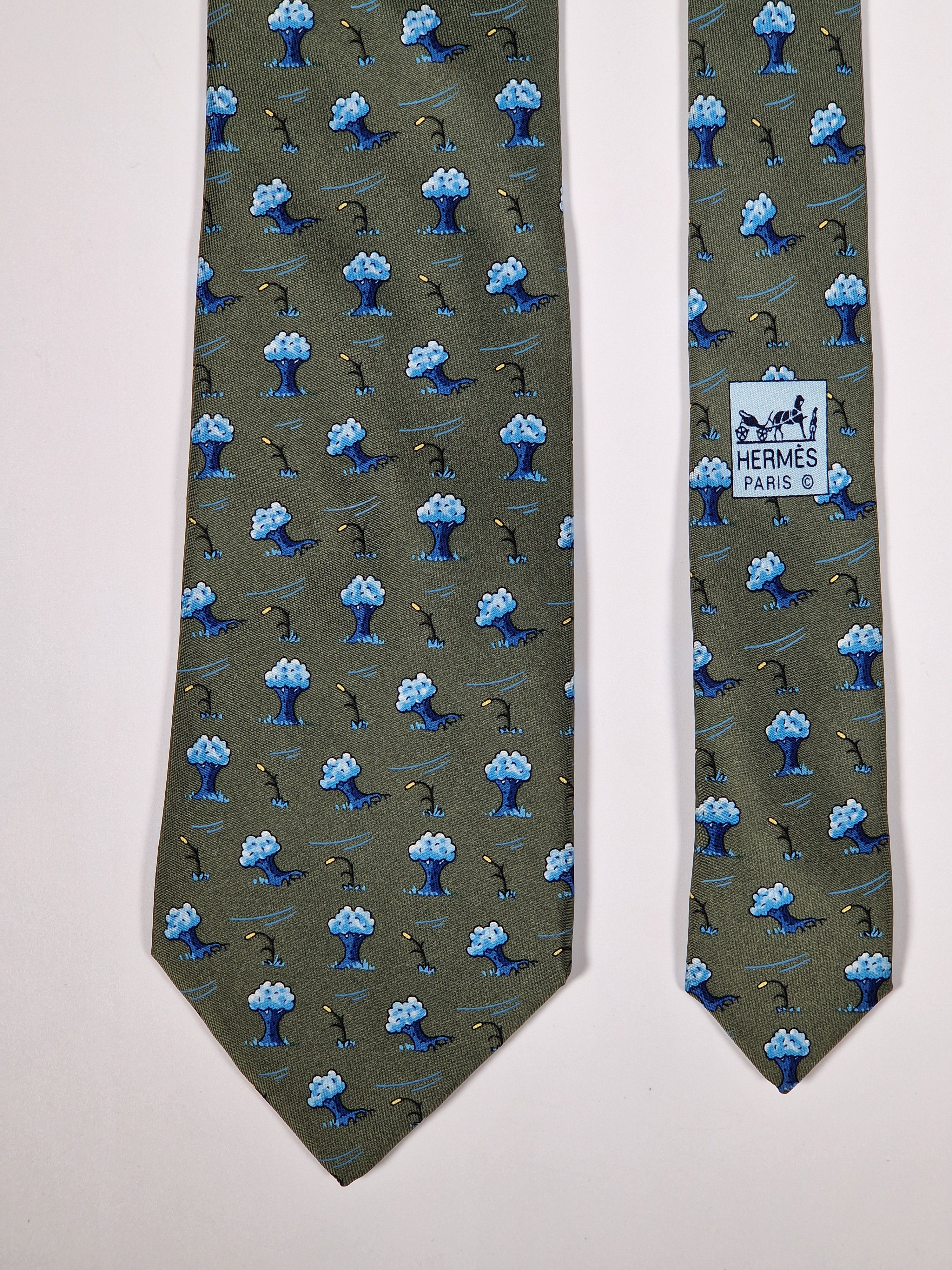 Hermès silk tie green whimsical trees 7928 MA