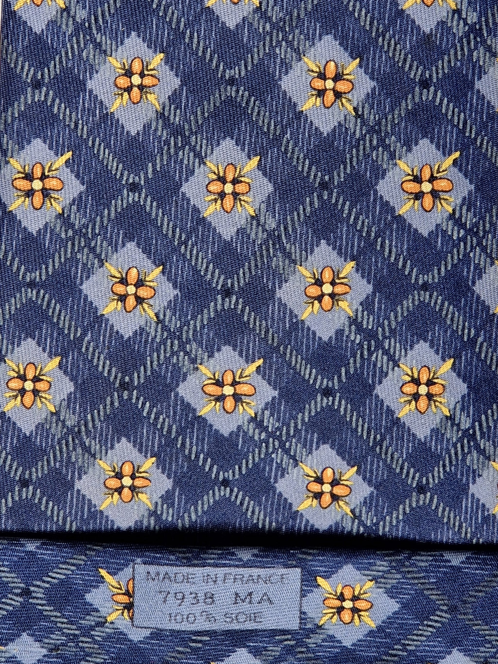 Hermès silk tie blue flower pattern 7938 MA
