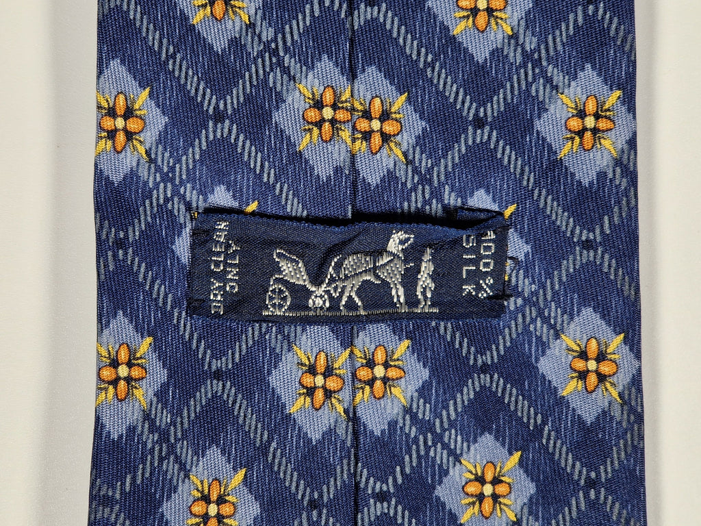 Hermès silk tie blue flower pattern 7938 MA