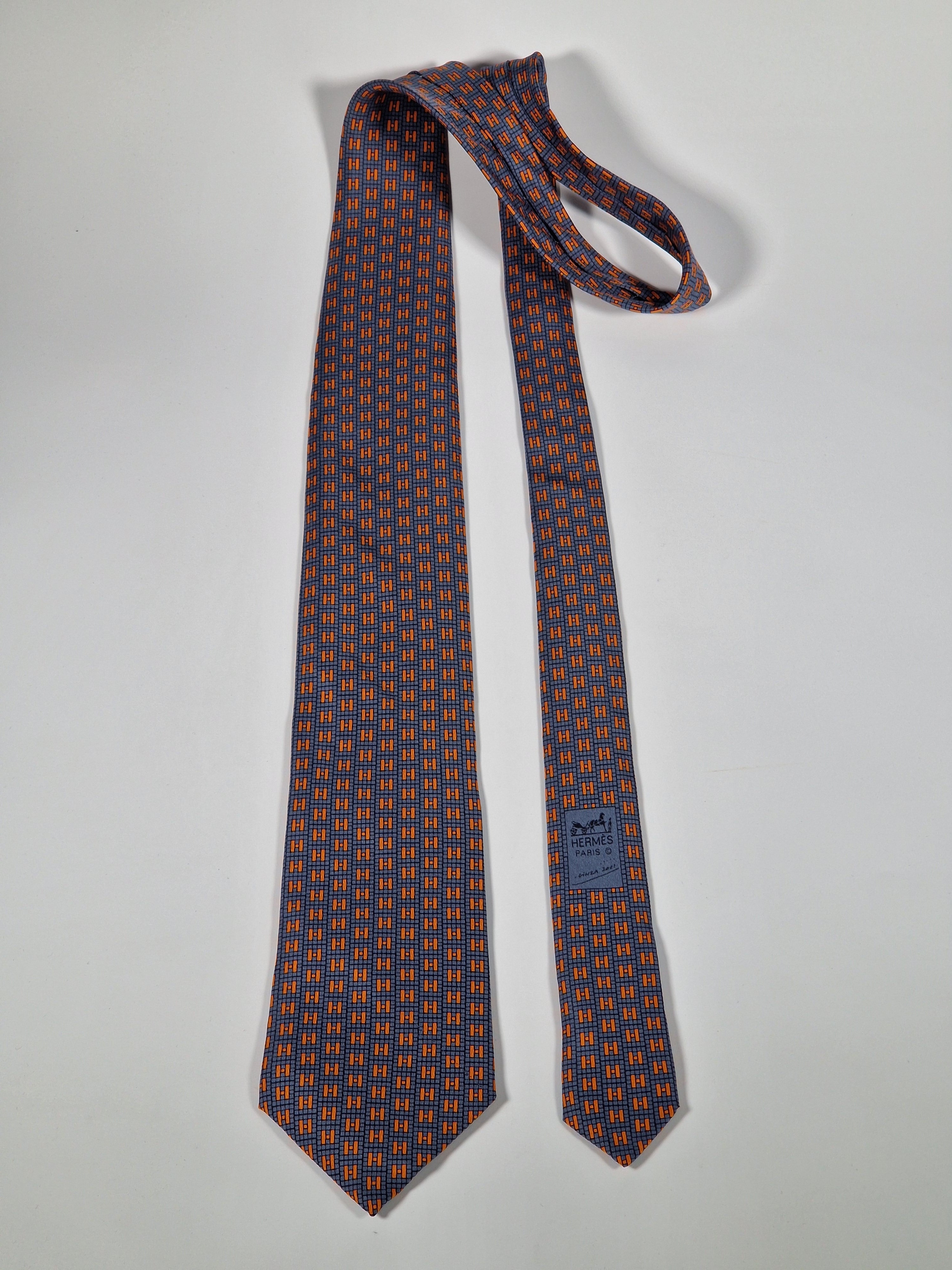 Hermès silk tie blue orange rare Ginza 2001 edition 7949 MA
