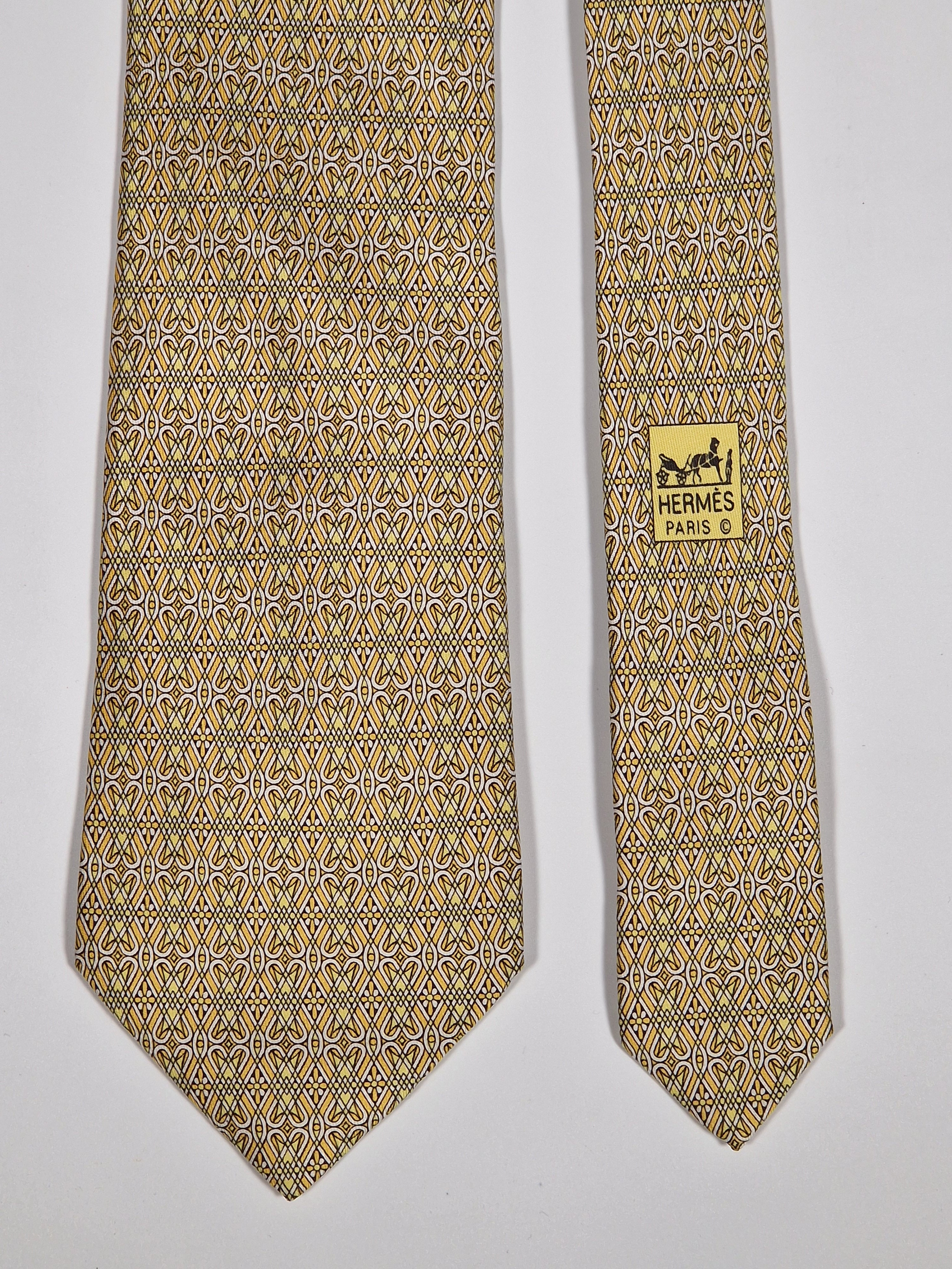 007952 Hermès silk tie yellow geometrical pattern 7952 EA