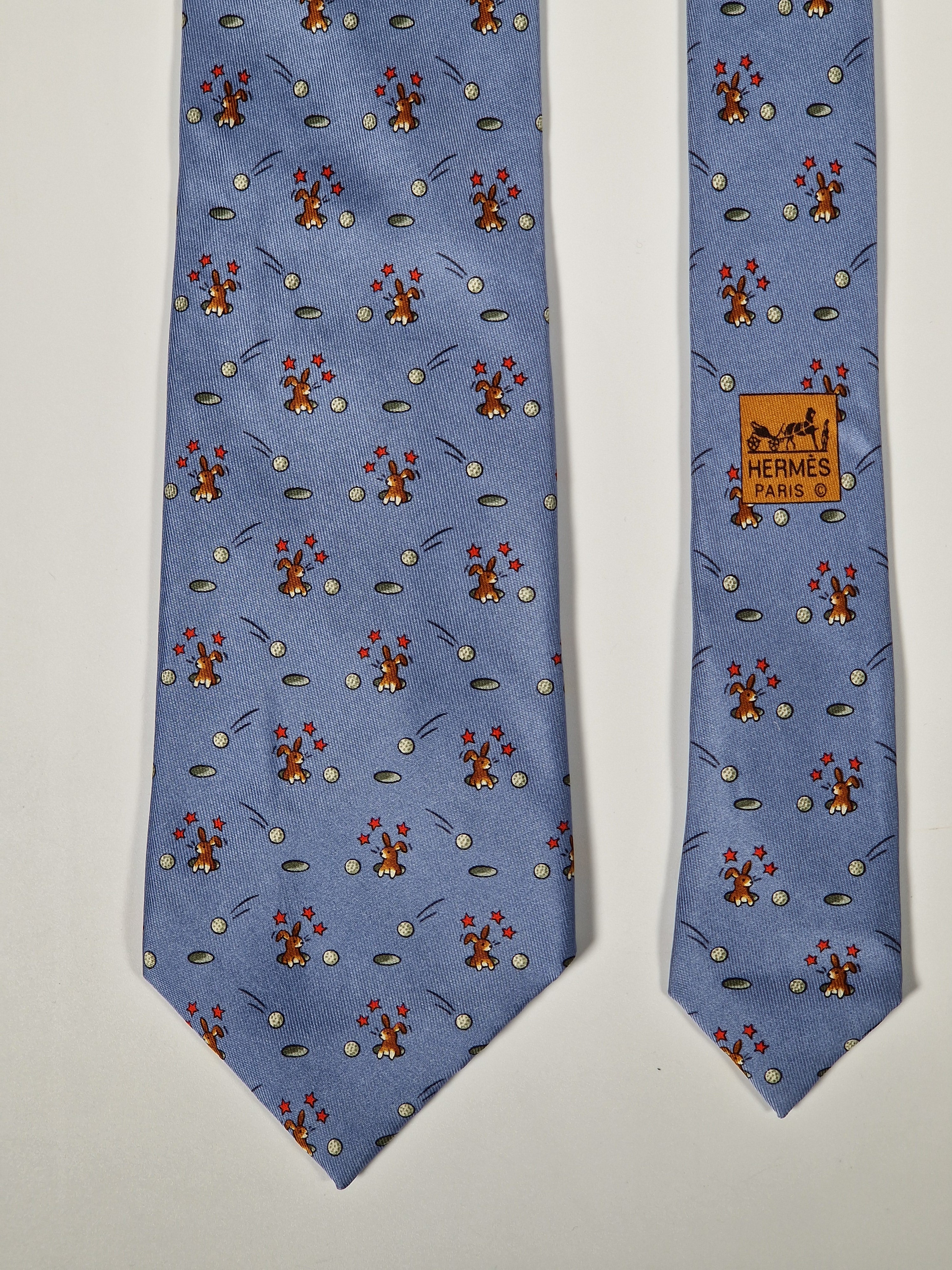 Hermès silk tie blue rabbit and golfball whimsical pattern 7956 EA