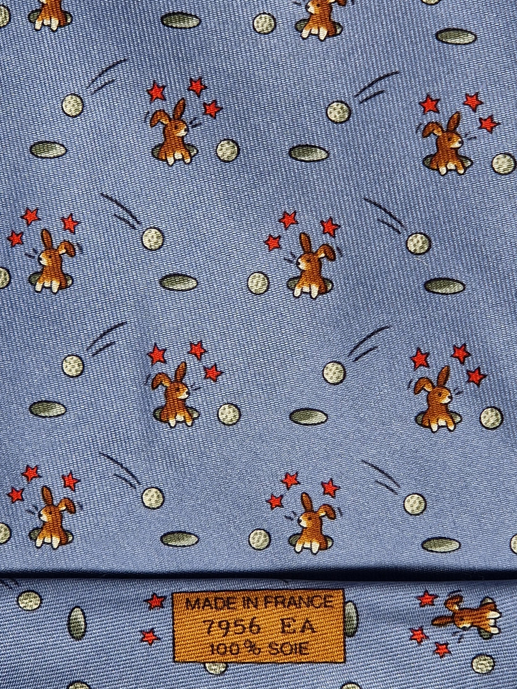 Hermès silk tie blue rabbit and golfball whimsical pattern 7956 EA