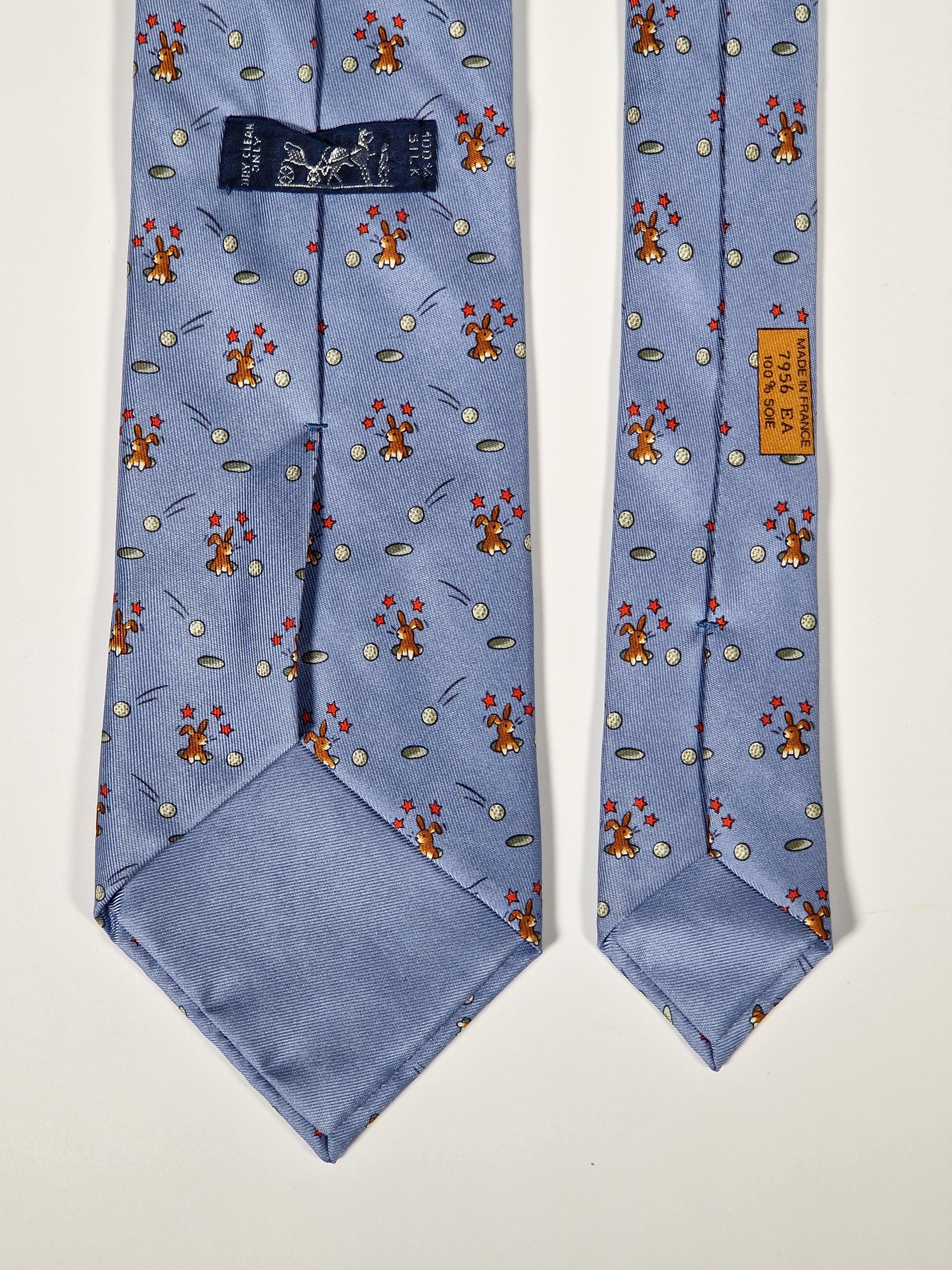 Hermès silk tie blue rabbit and golfball whimsical pattern 7956 EA