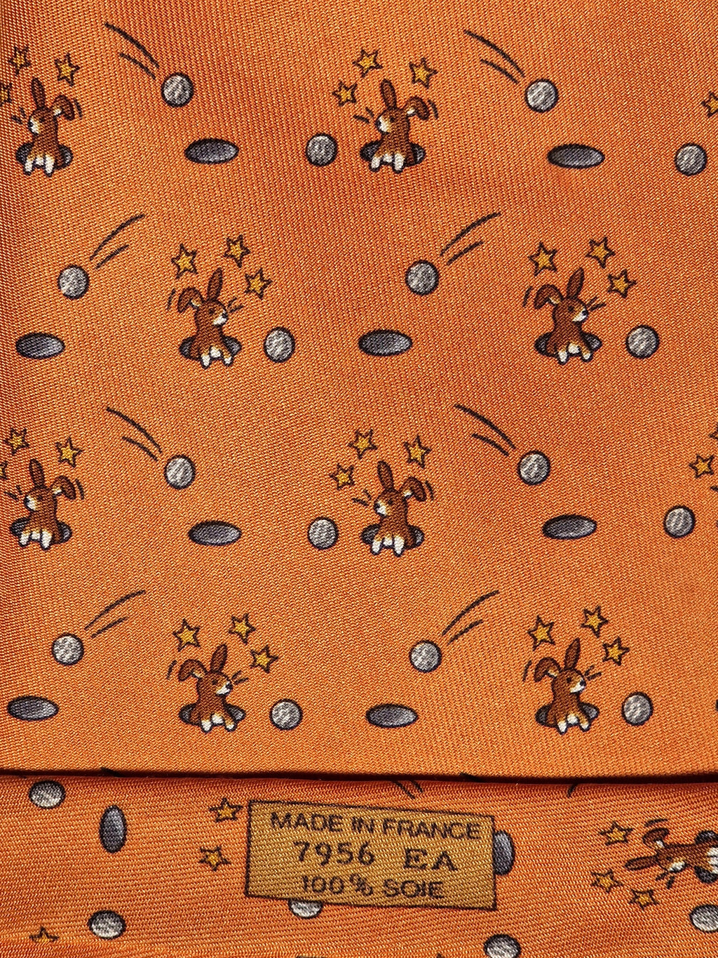 Hermès silk tie orange whimsical rabbit and golf pattern 7956 EA