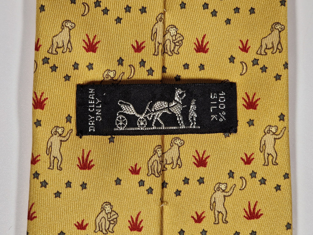 007961 Hermès tie yellow whimsical monkey pattern 7961 EA