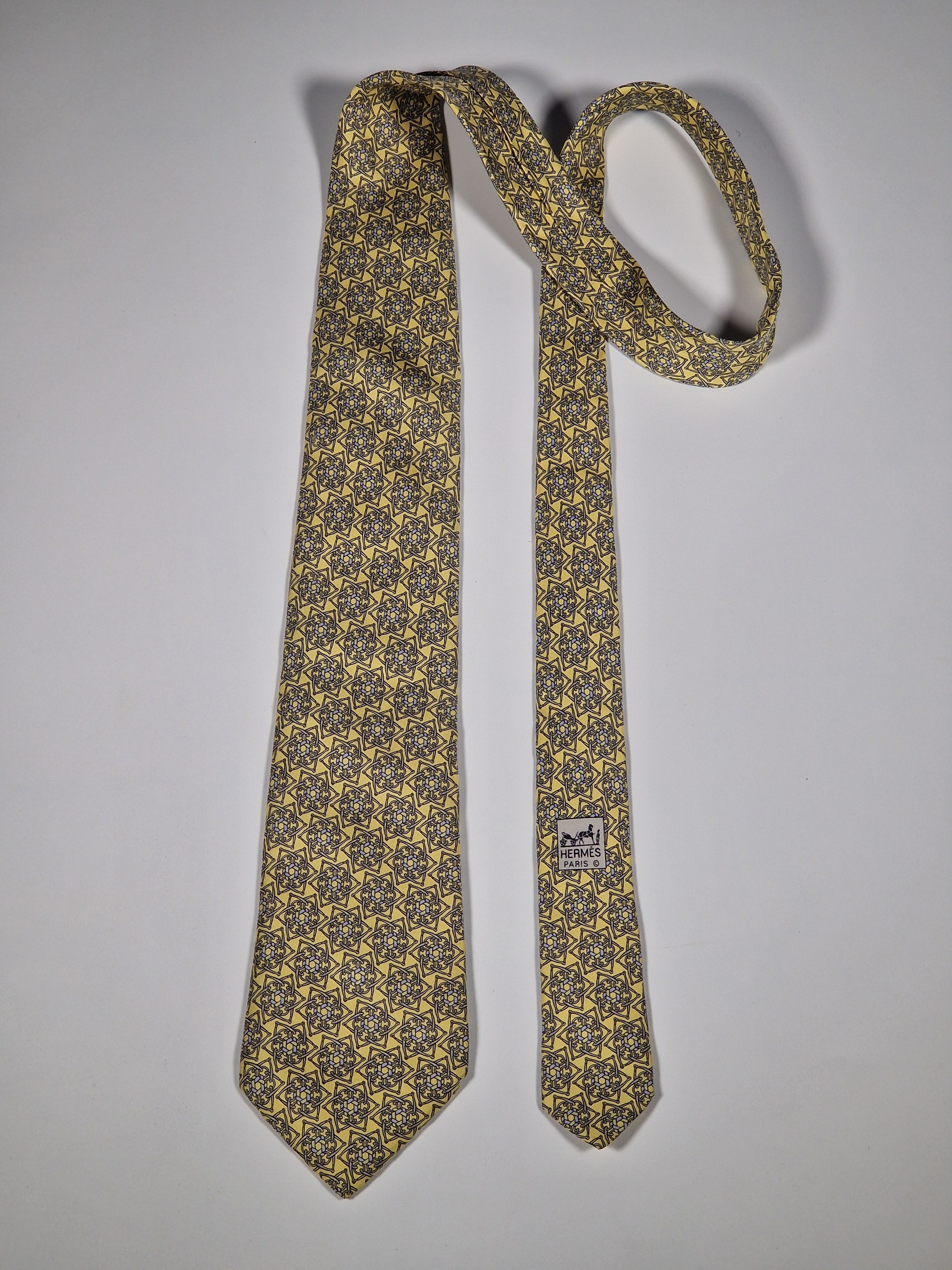 Hermès silk tie yellow equestrian pattern 7963 EA