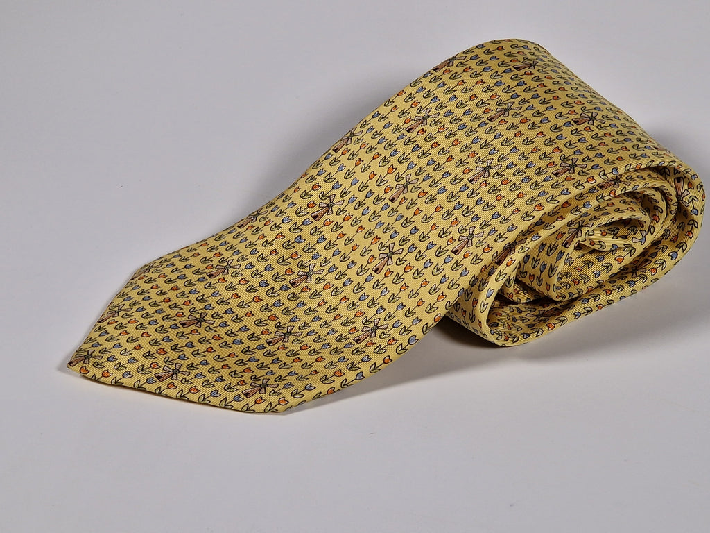 Hermès silk tie yellow tulips and windmills 7970 EA
