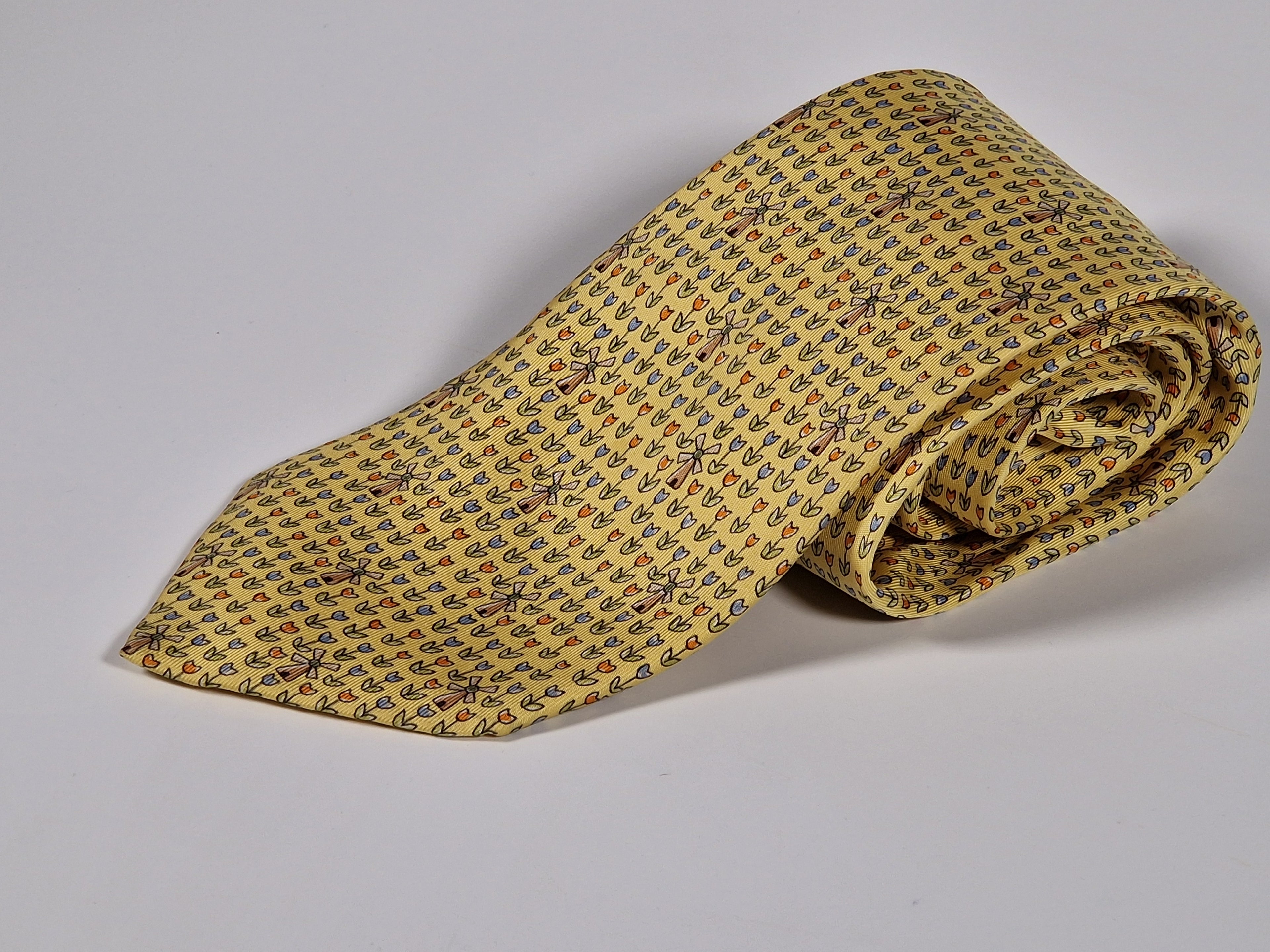 Hermès silk tie yellow tulips and windmills 7970 EA