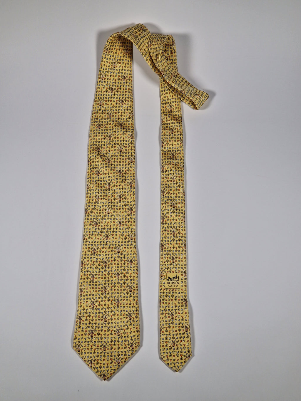 Hermès silk tie yellow tulips and windmills 7970 EA