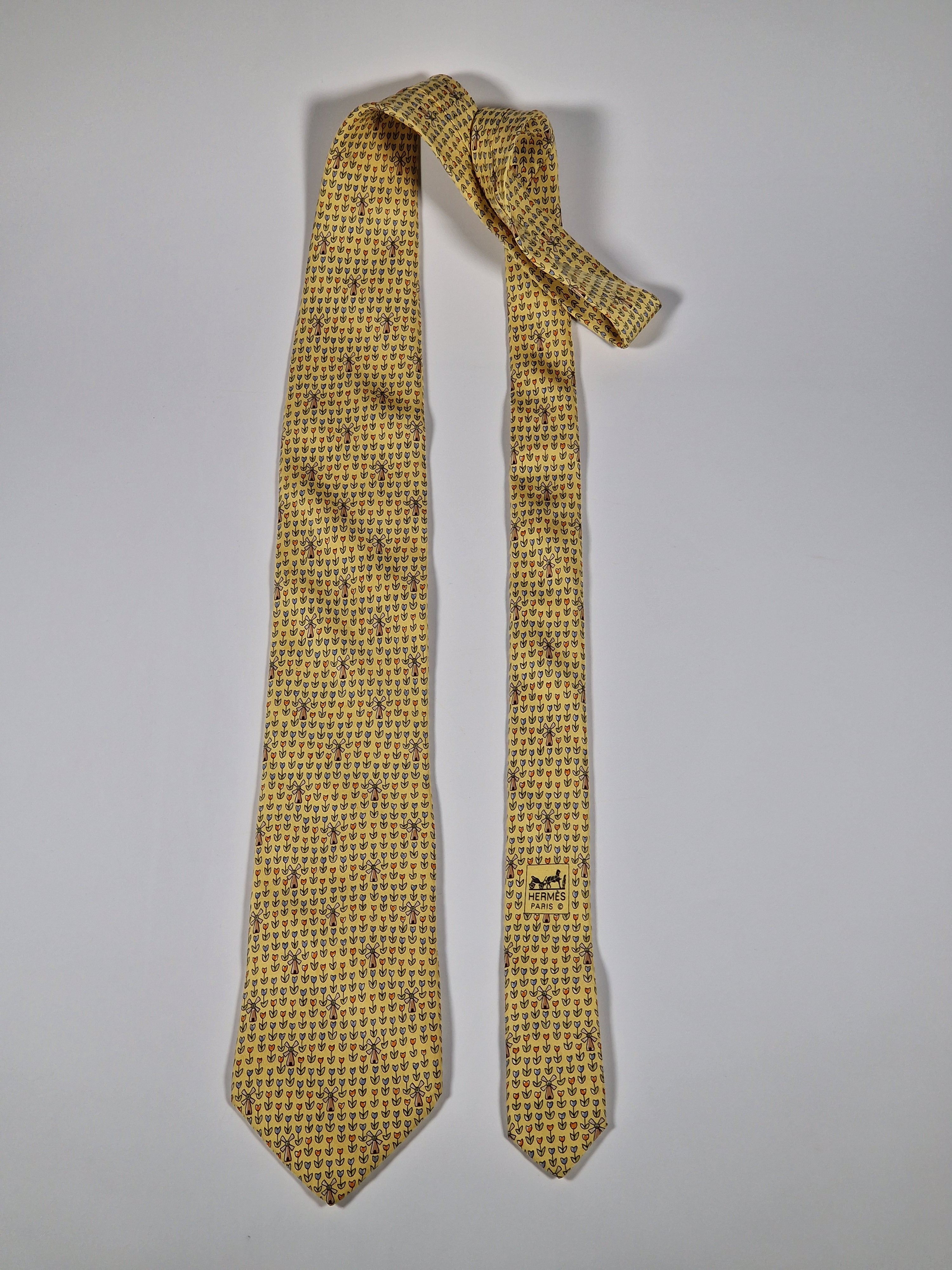 Hermès silk tie yellow tulips and windmills 7970 EA