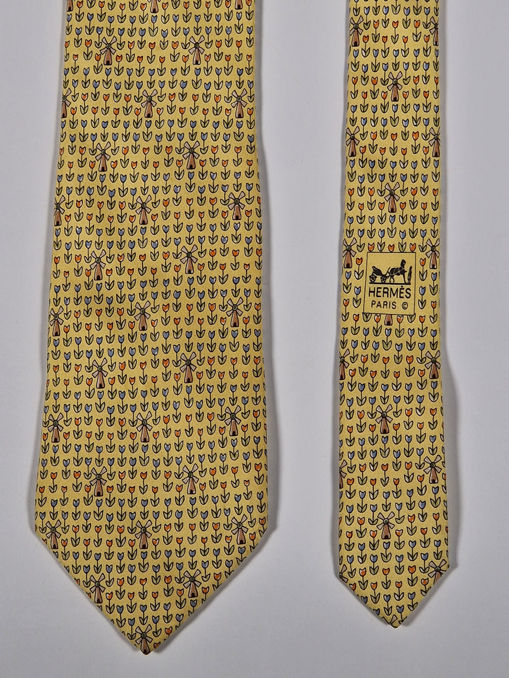 Hermès silk tie yellow tulips and windmills 7970 EA