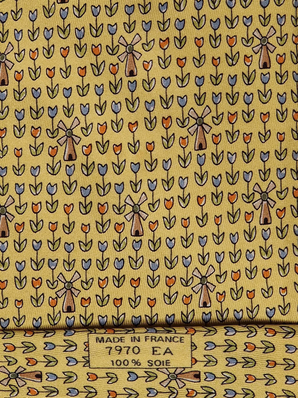 Hermès silk tie yellow tulips and windmills 7970 EA
