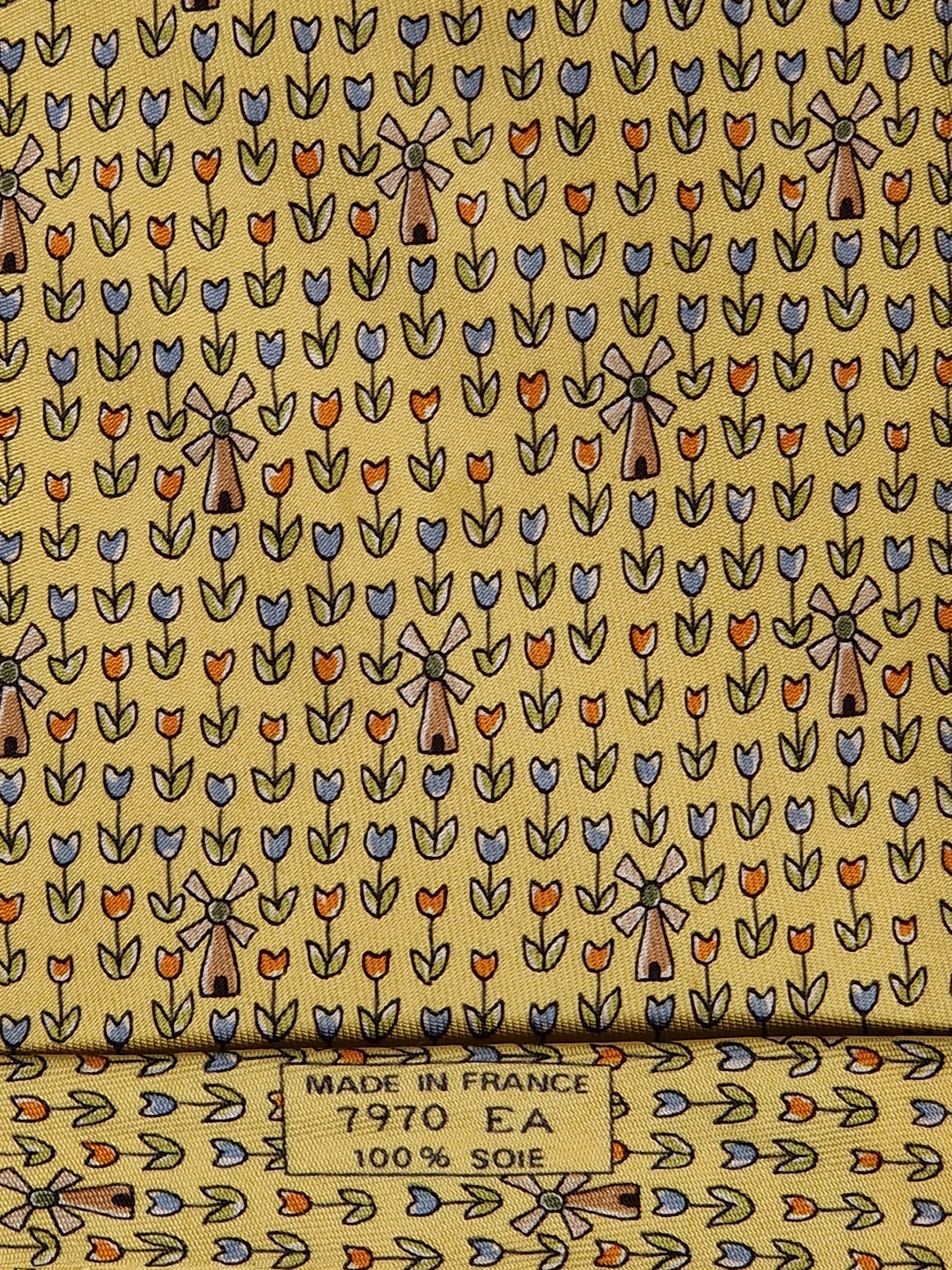 Hermès silk tie yellow tulips and windmills 7970 EA