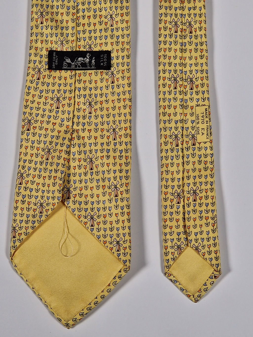 Hermès silk tie yellow tulips and windmills 7970 EA
