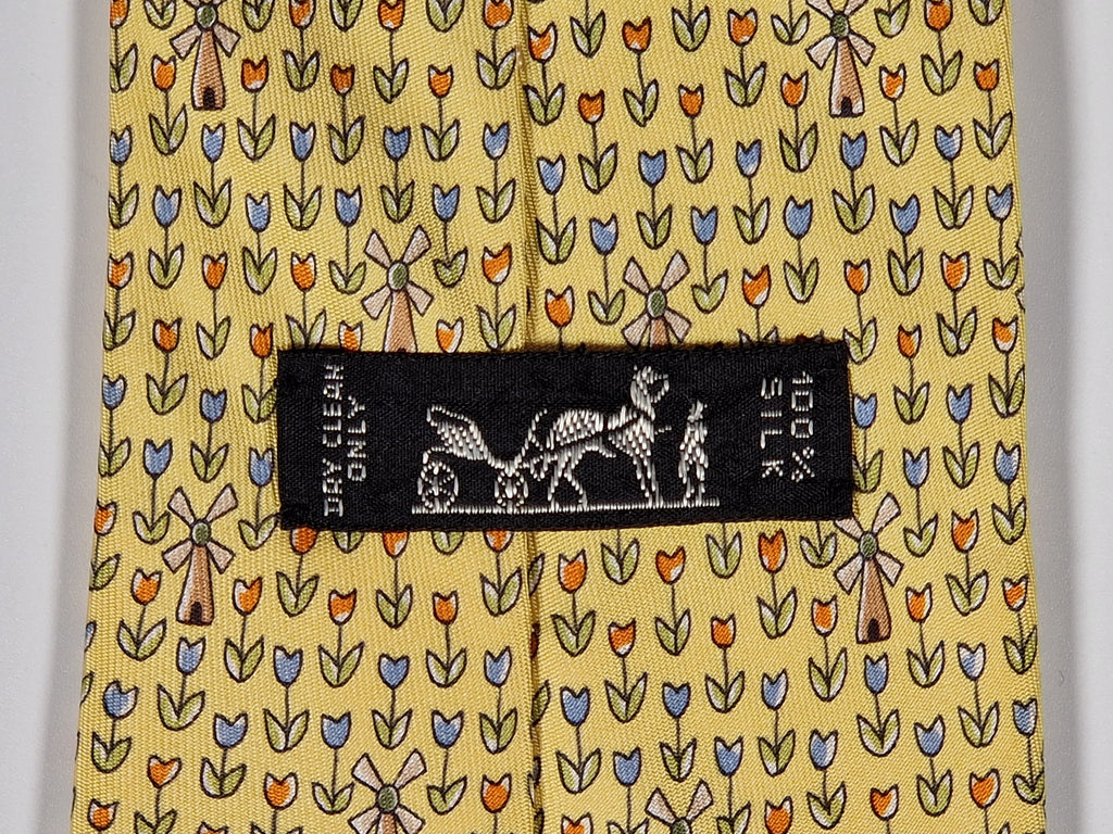 Hermès silk tie yellow tulips and windmills 7970 EA