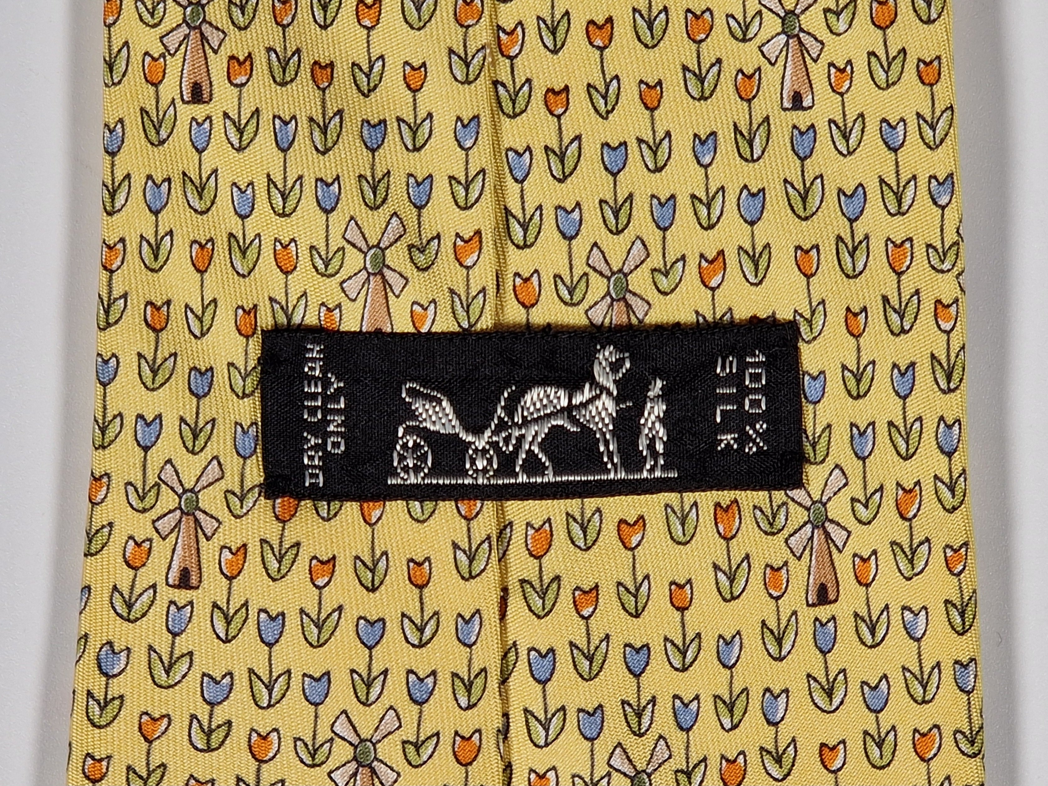 Hermès silk tie yellow tulips and windmills 7970 EA